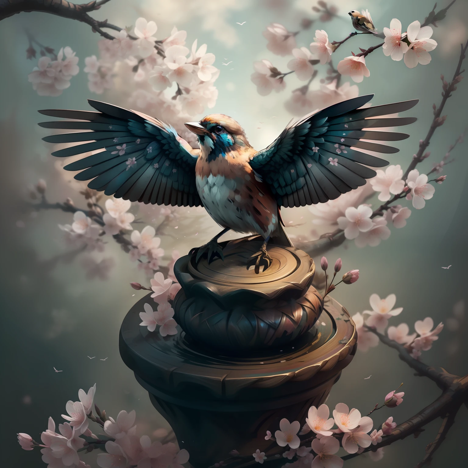 "1 Sparrow bird with open wings flying, cherry blossom, wings open, wings spread upwards, masterpiece of superior quality, officially beautiful art and aesthetics, realistic and detailed 8k, yang08k."