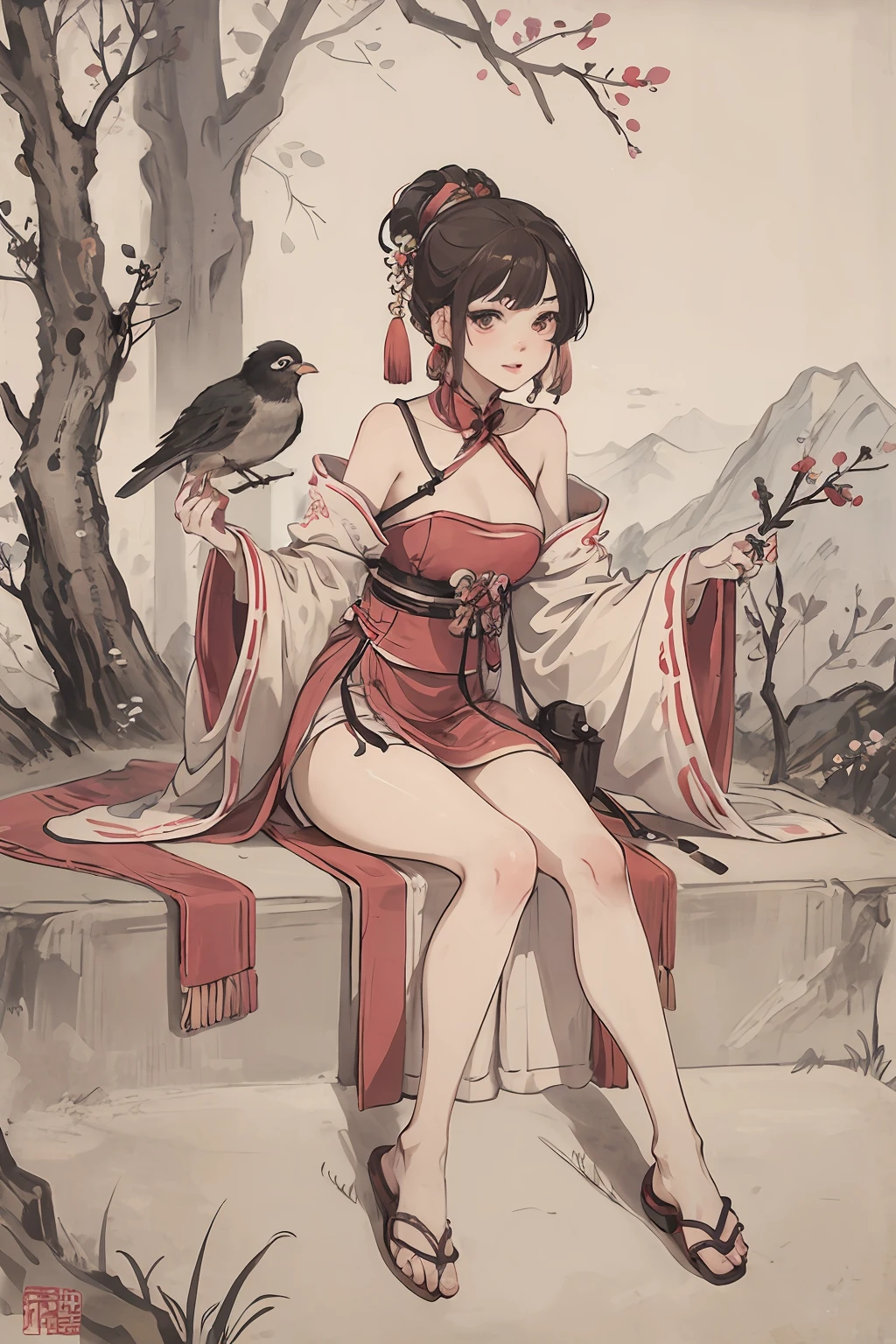 masterpiece、Top image quality、1人の女性、Beautiful woman sitting on the stairs、Detailed eyebrows、Detailed eye、Detailed nose、Detailed lips、legs are open、hugetits、Female proportions considered everywhere、Chinese-style mountains、The cherry tree、a bird、