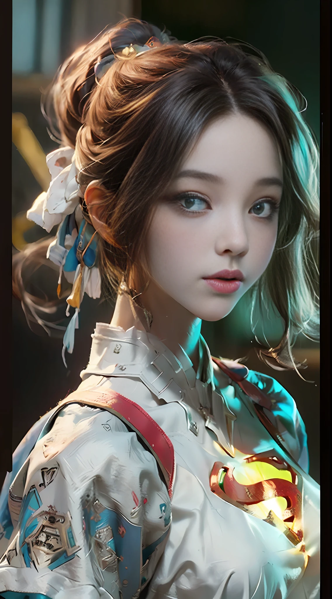 (Melhor qualidade da Supergirl), ((obra-prima), (detalhe: 1.4), ..3d, Uma Bela Mulher loira Cyberpunk, HDR (high dynamic range), Satin Apparel, ray tracing, NVIDIA RTX, Super-Resolution, irreal 5, espalhamento subsuperficial, Texturas PBR, Post-processing, anisotropic filtering, profundidade de campo, Maximum Sharpness and Sharpness, texturas multicamadas, Mapas de Albedo e Realce, surface shading, Precise simulation of light-material interactions, perfectly proportions, octan render, Luz de Duas Cores, grande abertura, ISO baixo, white-balance, rule of thirds, 8K BRUTO, with superman S symbol on the chest. Olhos azuis Brilhantes.