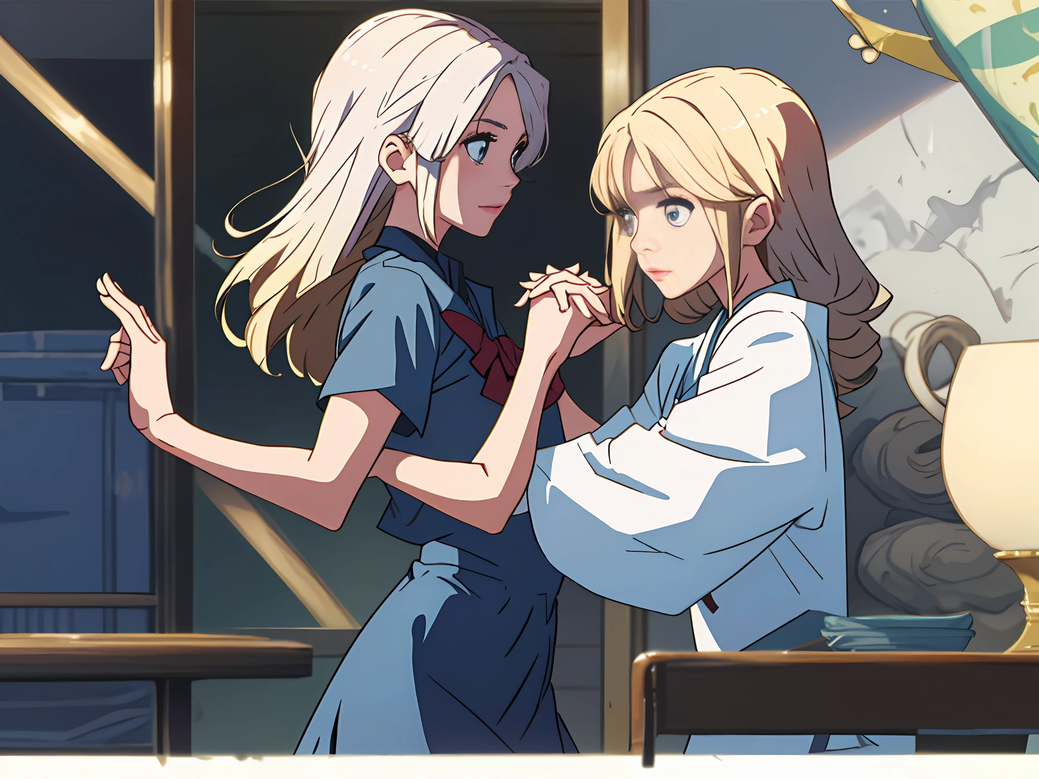 style of anime,Two teenage girls holding hands,Long blonde hair,Short white hair,hugs,校服