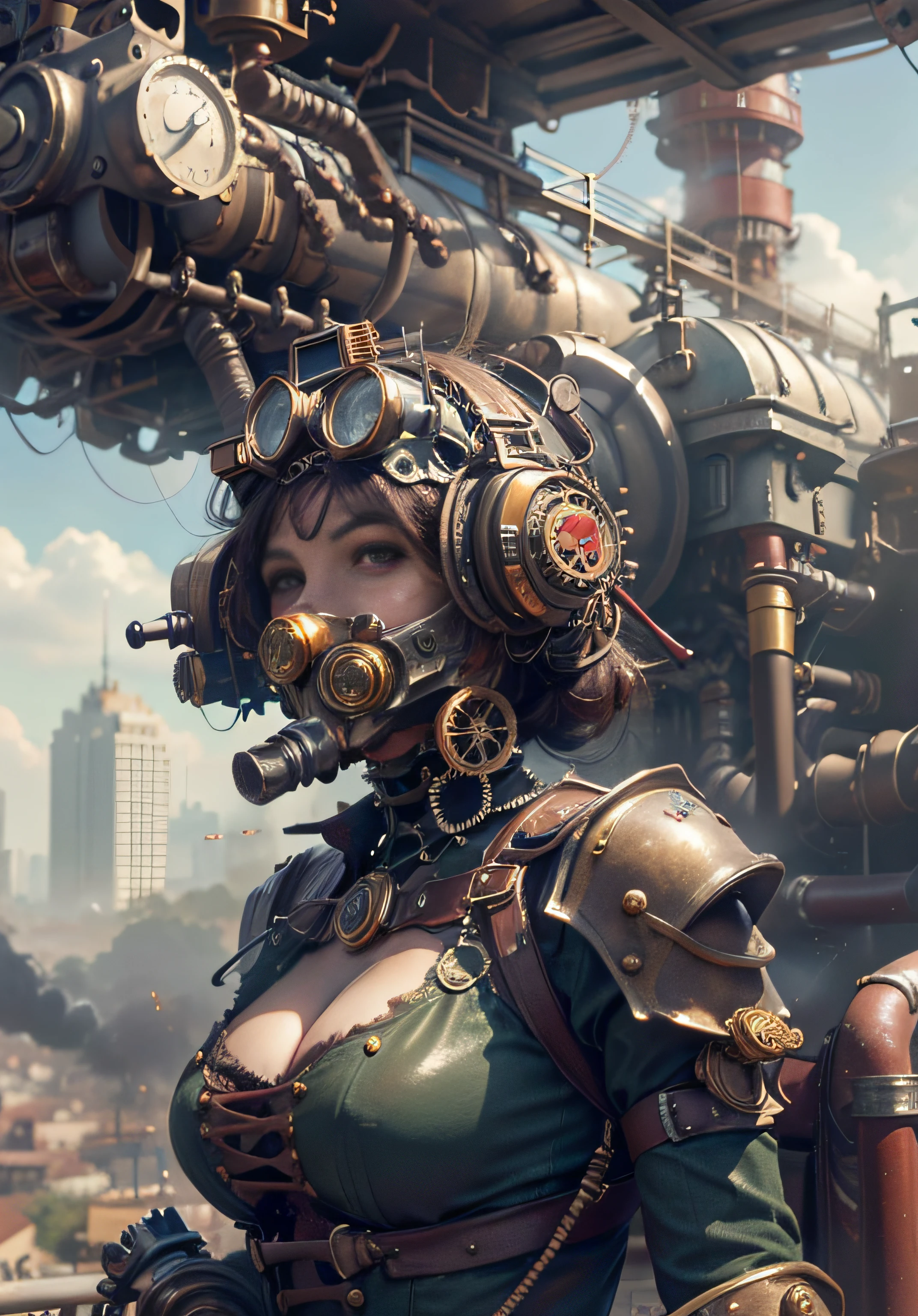 there is a woman in a steam - punk outfit standing in front of a large machine, arte conceitual steampunk, arte steampunk digital, Wojtek FUS, estilo de fantasia steampunk, sci-fi steampunk, portrait of a mechanical girl, detailed steampunk illustration, arte digital steampunk, arte steampunk de alta qualidade, arte steampunk, estilo de arte dieselpunk, Steam-punk