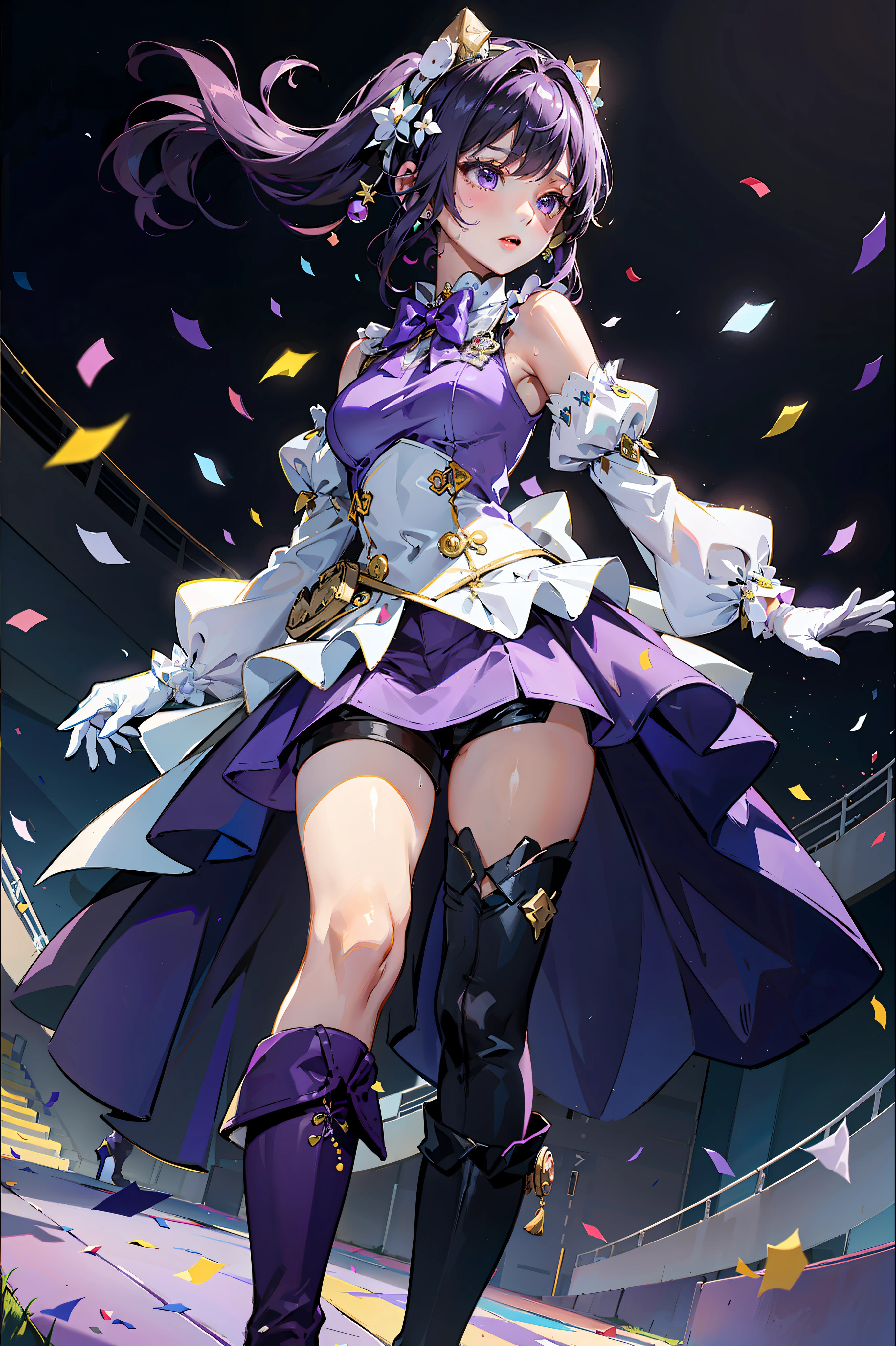The masterpiece-level Narita circuit is combined with grass and a stadium。Colorful confetti spilled，The figure is standing，Beads of sweat，Hands raised are moving。Photographic overlook，Wear earmuffs，Hair accessories brooch embellishment，Wearing a sleeveless white dress，Paired with long purple sleeves, split sleeves，White bow at neck，The glove shape is different，The mismatch of black and white gloves makes the shoulders hollow and fluffy，Dress underneath shorts and versatile thigh straps, paired with knee-length boots and purple shoes，Unique。