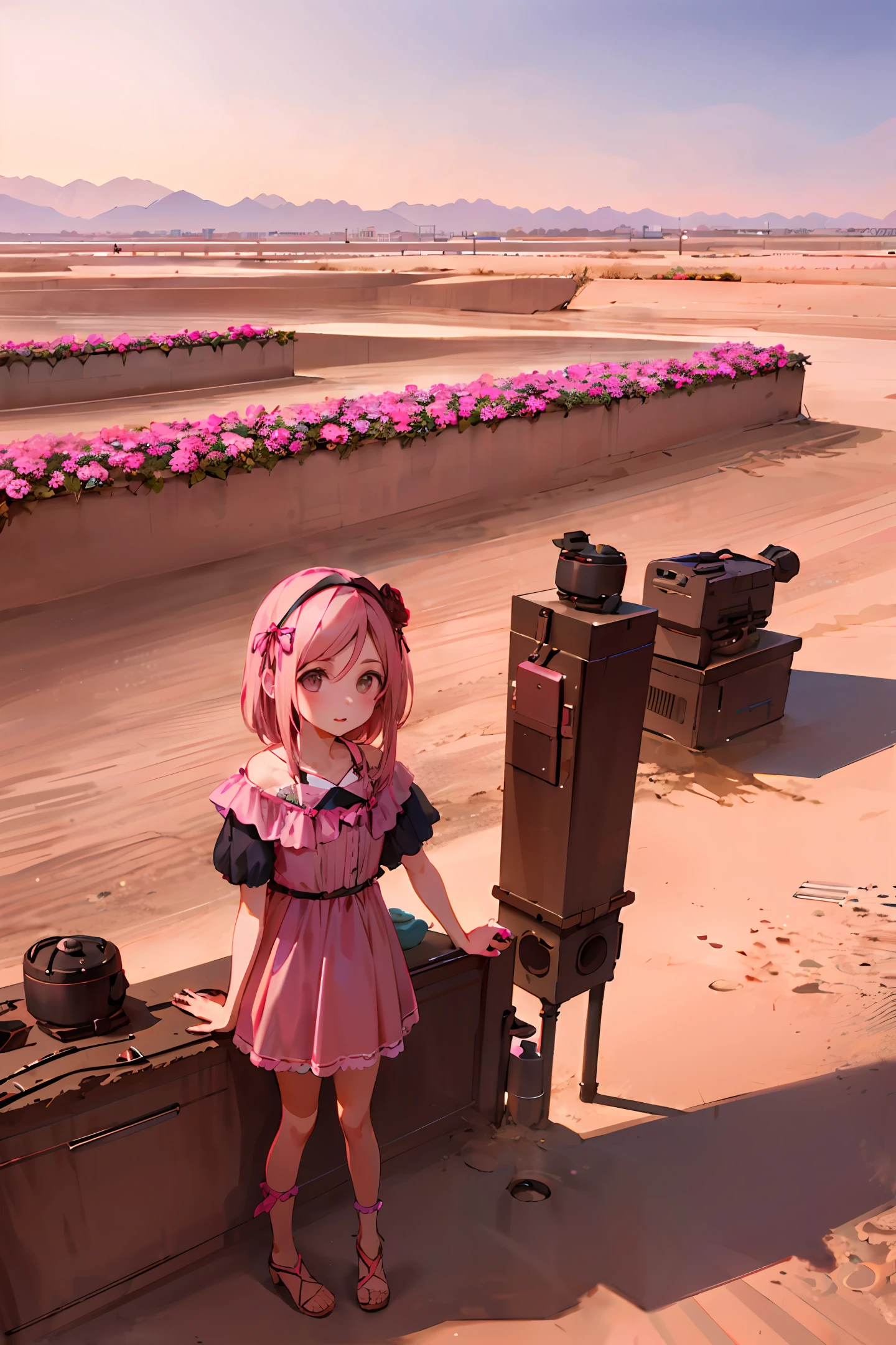 Pink sea,Girl standing by the sea