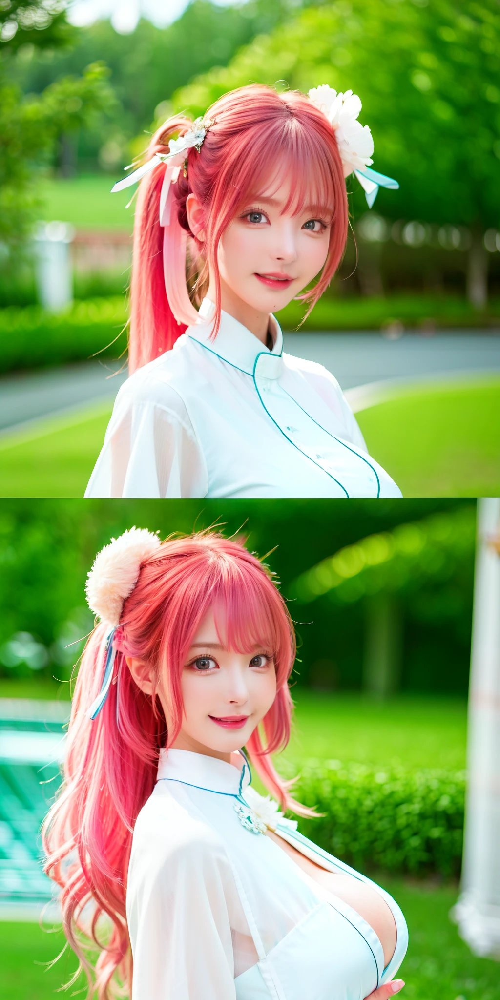 (1.2x 8K resolution,4K分辨率,Best quality:1.2),(masterpiece,realisticlying,photograph realistic:1.37), 1个Giant Breast Girl,solo person,beautiful face,eyeslashes,nase,Smooth lips,(Detailed eyes,looking at viewert,White skin of the,light-skinned:1.5),Detailed complexion,The upper part of the body,Bigchest,Outdoor hot spring,two sides up,Naturally unpretentious long hair,golden colored、Pink hair,eyebrows very,hair adornments,Bow knot,年轻、Getting older。