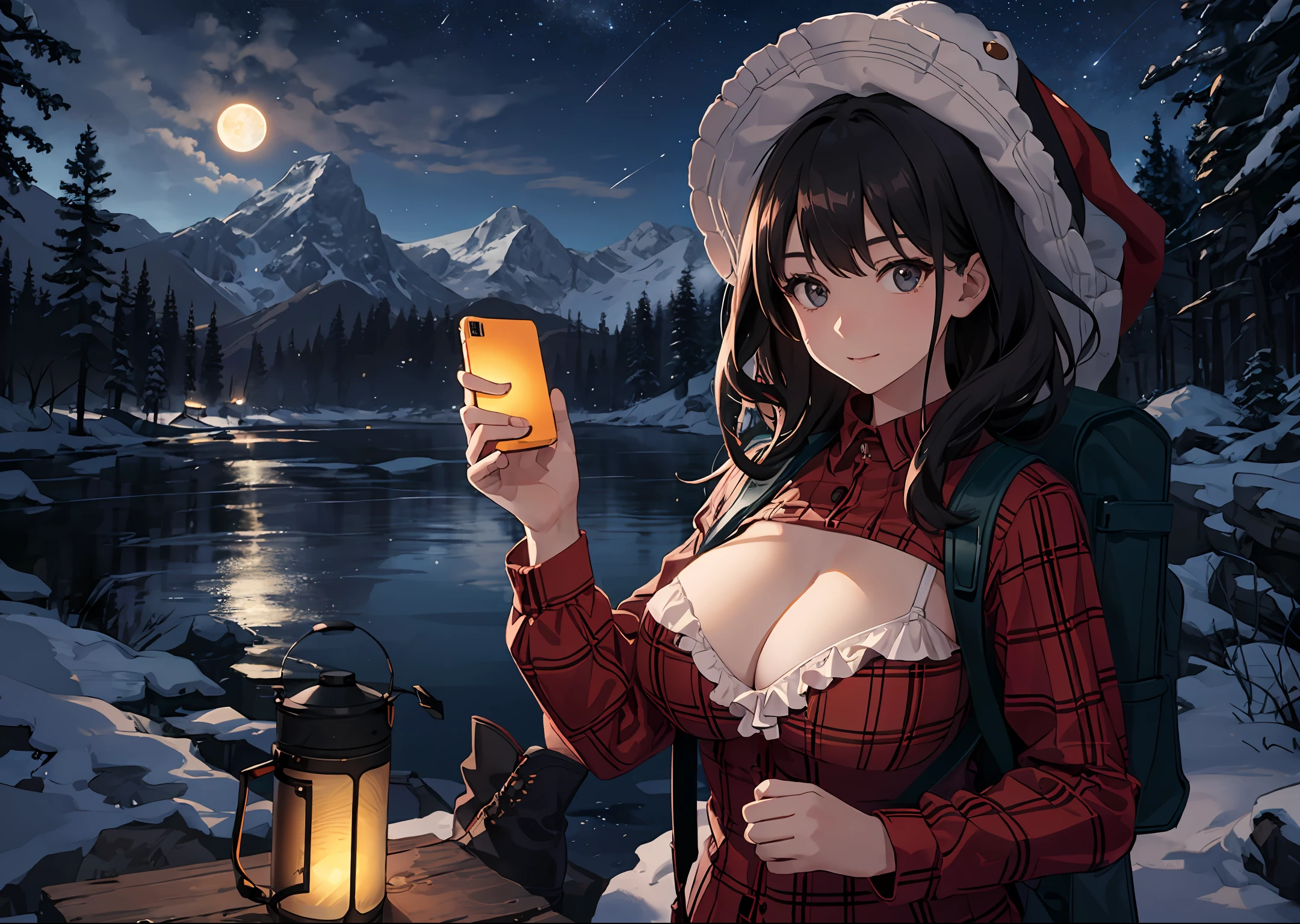 1 woman ((upper body selfie, happy)), masterpiece, best quality, ultra-detailed, solo, outdoor, (night), mountains, nature, (stars, moon) cheerful, happy, backpack, sleeping bag, camping stove, water bottle, country boot, country hat, red plaid shirt long sleeve open, lantern, forest, rocks, river, wood, smoke, shadows, contrast, clear sky, style, (warm hue, warm tone: 1.2), close-up, cinematic light, side lighting, ultra high resolution, best shadow, RAW, upper body, wearing lingerie, seductive look, huge breasts, 4k, open neckline, sexy