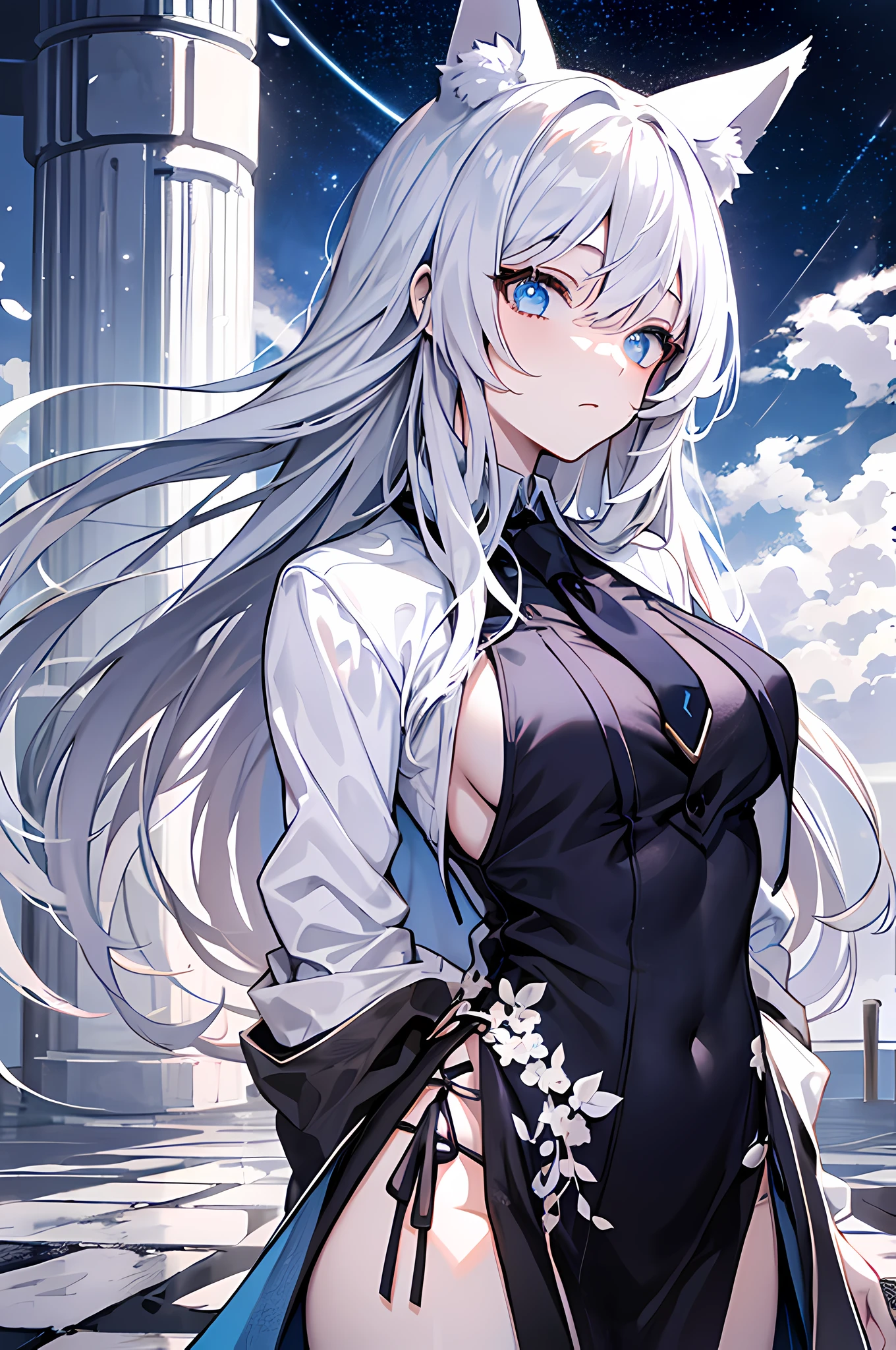 {{{{tmasterpiece}}}}, {{{ultra - detailed}}}, {{{High- sharpness}}}, {{Good anatomy}}, （（（best qualtiy）））, （（Extremely refined and beautiful））, {{Extremely detailed and refined}}, {8k CG wallpaper}, {stunning art}, {{illustratio}}, {astounding}, Original, mature, （（half-body shots））, （（paleskin））, 复杂, （depth of fields）, Highly detailed body, （（（tmasterpiece）））, （extremely high quality artwork）, 详细的脸, tmasterpiece, Best quality at best, Incredibly Ridiculous res, （（best qualtiy））, （ultra - detailed）, （beatiful detailed eyes）, （（Galactic Eye）））, （（Bored eyes））, Helph's eyelids, ultra intricate, Extremely detailed girl, beatiful detailed eyes, vibrant eyes, Ray traching, [[[vivd colour]]], From the waist up, Kizi, tack sharp focus, [[best qualtiy]], illustratio, dynamic angle, depth of fields, Dinamic Light, 1girl, （（partedhair, Very long hair, hair straight））, Black and white hair, O cabelo multicolorido, Silky hair, Dynamic hair, mediuml breasts, （eBlue eyes）, sharp sharp eyes, long eyelasher, （（white shirt））, black necktie, anime ears, Long animal ears, fox ear, camisa casual, bored expression, dynamic lights, God Ray, cinematic lightning, （ultra - detailed：1.3）, Cloudy background, Concrete floor, （Magazines：1.3）, （Cover style：1.3）, Fashionab, perverted woman, with dynamism, garments, posing on a, frontage, rich colourful, dyna, Background with, element in, self-assured, Expressing the, halter, statement, Accessories, A majestic, coil, Runt, Touching pubic area, Scenes, text, Cover of a, Bold, attention-grabbing, titles, Fashionab, typeface, Catchy, titles, more big, attention-grabbing, modern day, Fashionab, focal, Fashionab