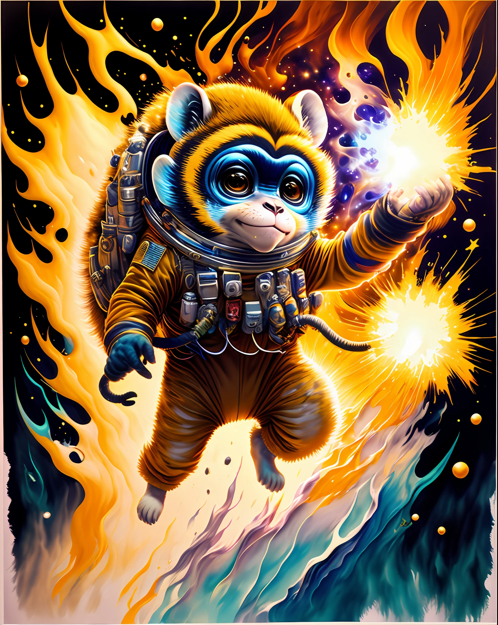 macaco astronauta, escalando o asteroide, character rendering, ultra high quality model, ethereal background, beleza abstrata, explosive volumetric, oil-painting, pinceladas pesadas, pingos de tinta