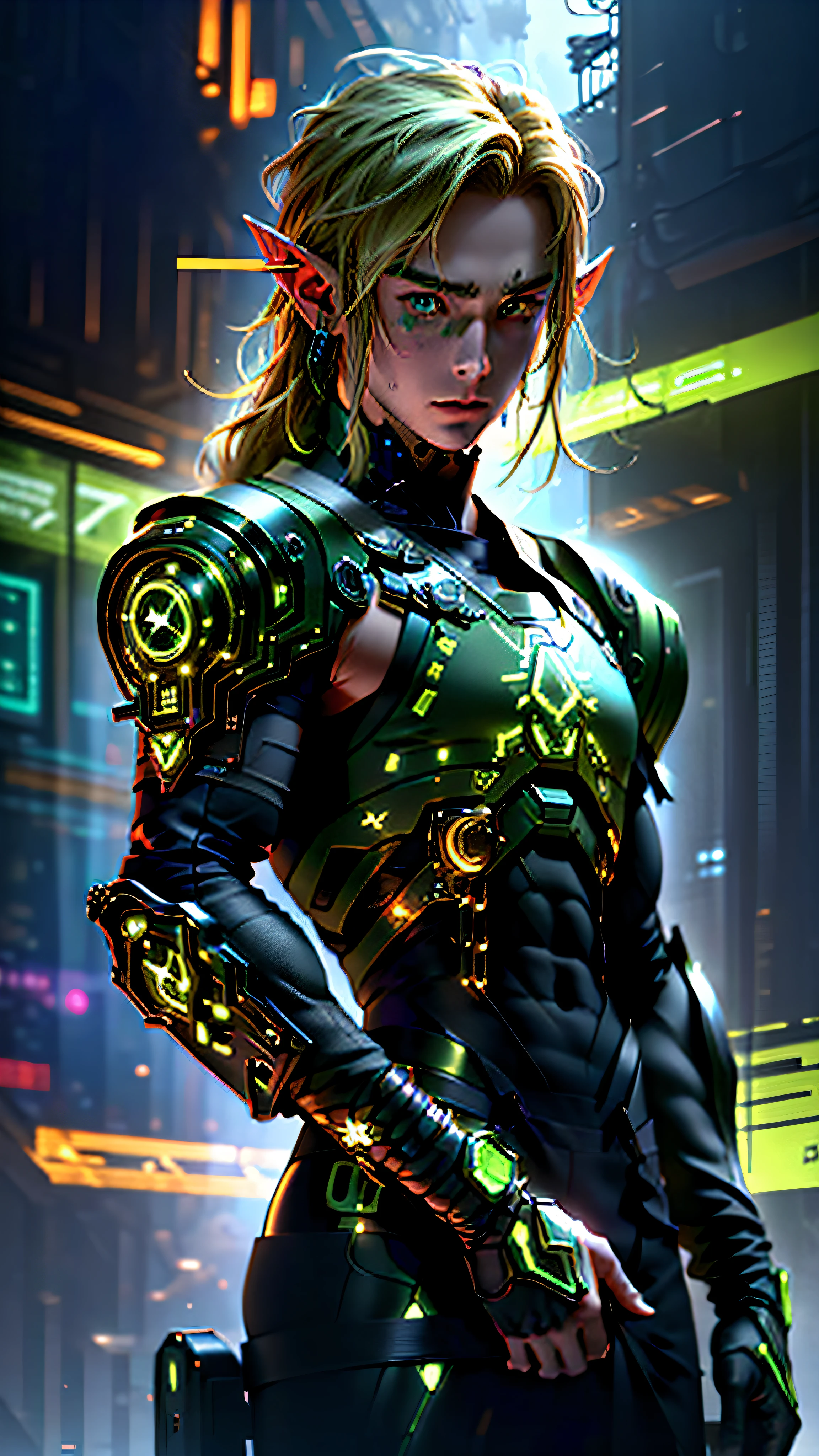 ultra detail, high resolution, ultra detailed, best quality, amazing, top quality, extremely detailed CG 8k wallpaper unit, cinematic lighting, Zelda cyberpunk link, cyberpunk, dark boy, green clothing, green armor, neon berde, blond hair, elf