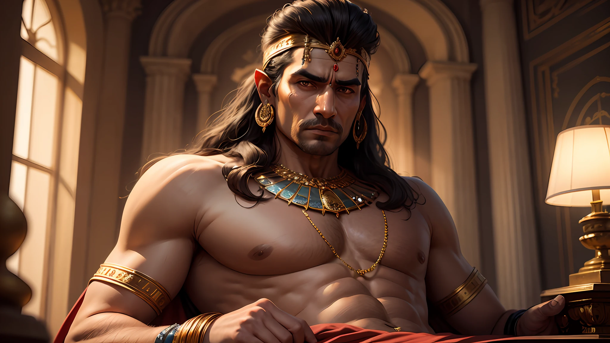 Shiva the indian god , 8k ultra realistic ,in a royal room , and he is sick he is on a bad , he take a rest , , he is a king and there many peoples , many  crowd there in front of king ,