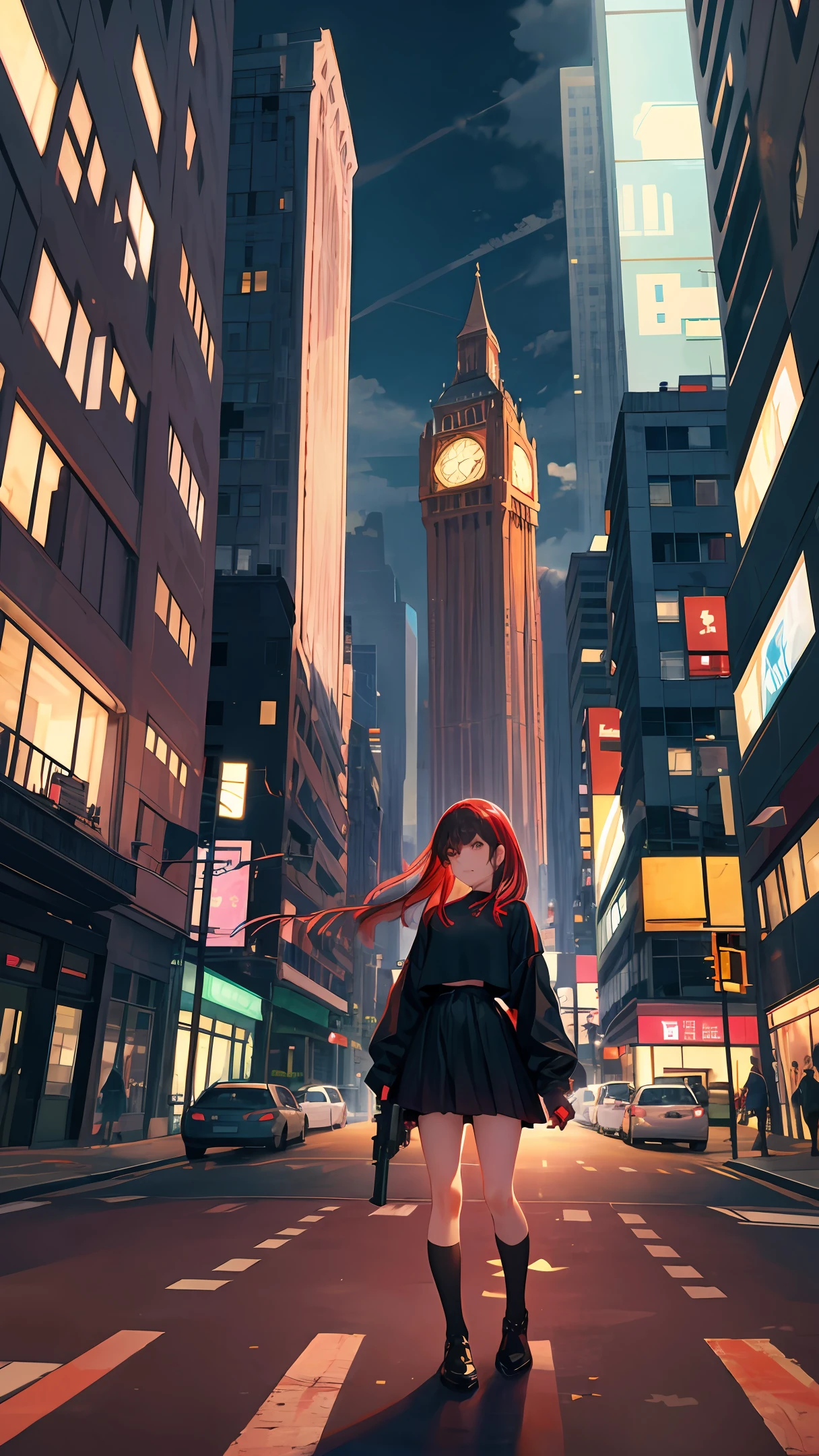 holding a gun,High-rise buildings,the night,Light,Sateen,s girl,Firearms,Black clothes have red patterns on them