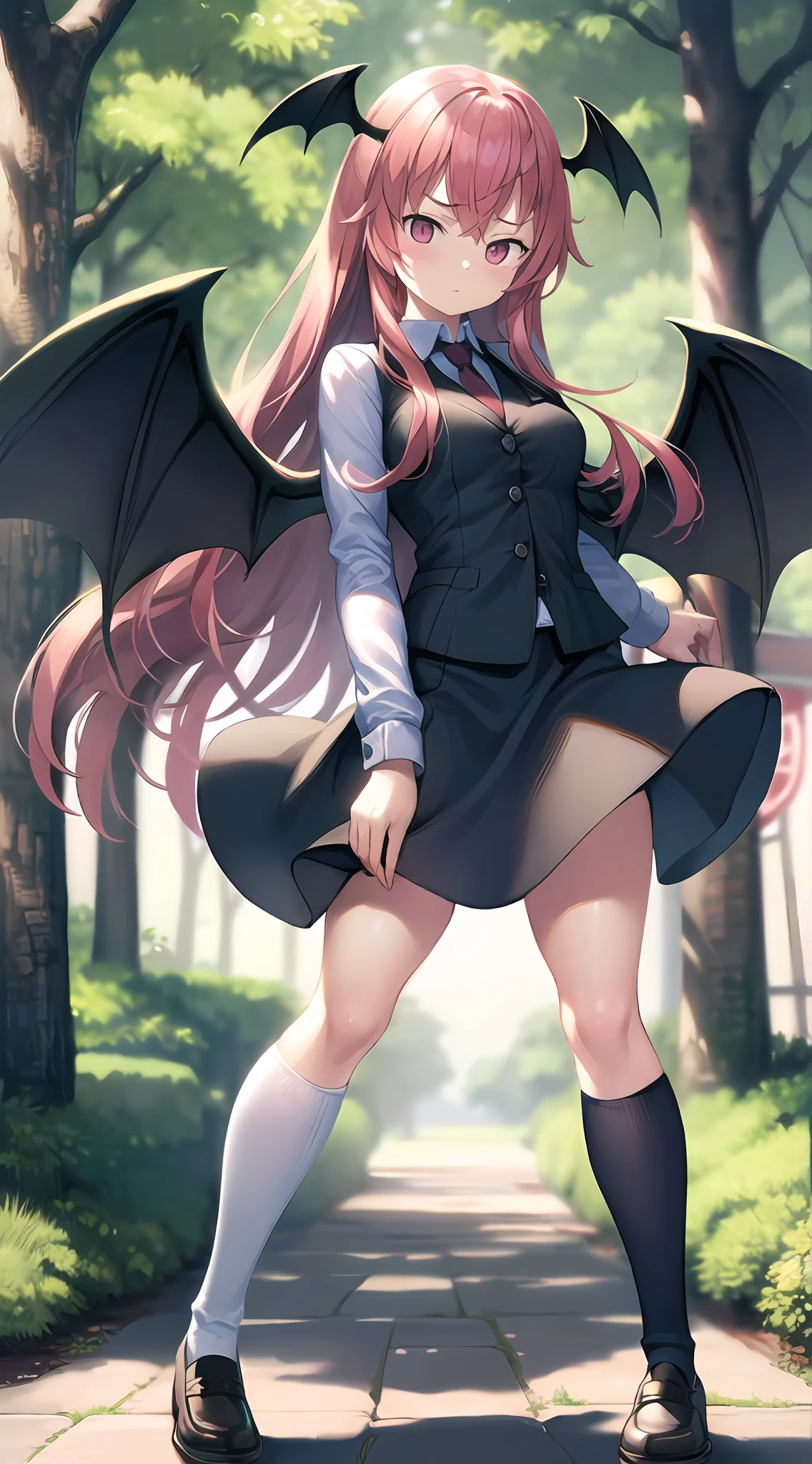 forest, troubled face, ((masterpiece, best quality)),koakuma,1girl,vest,necktie,very long skirt,wings,(white folded socks:1.0),perfect anatomy,lare breasts,