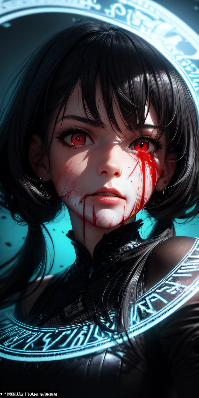 (masterpiece:1.2, best quality), (finely detailed beautiful eyes: 1.2), (detailed background,dark fantasy), (beautiful detailed face), high contrast, (best illumination, an extremely delicate and beautiful), ((cinematic light)), colorful, hyper detail, dramatic light, intricate details, (1 girl, solo,black hair, sharp face,low twintails,red eyes, hair between eyes,dynamic angle), (blood splatter:1.4), swirling black light around the character, depth of field,black light particles,(broken glass),magic circle,