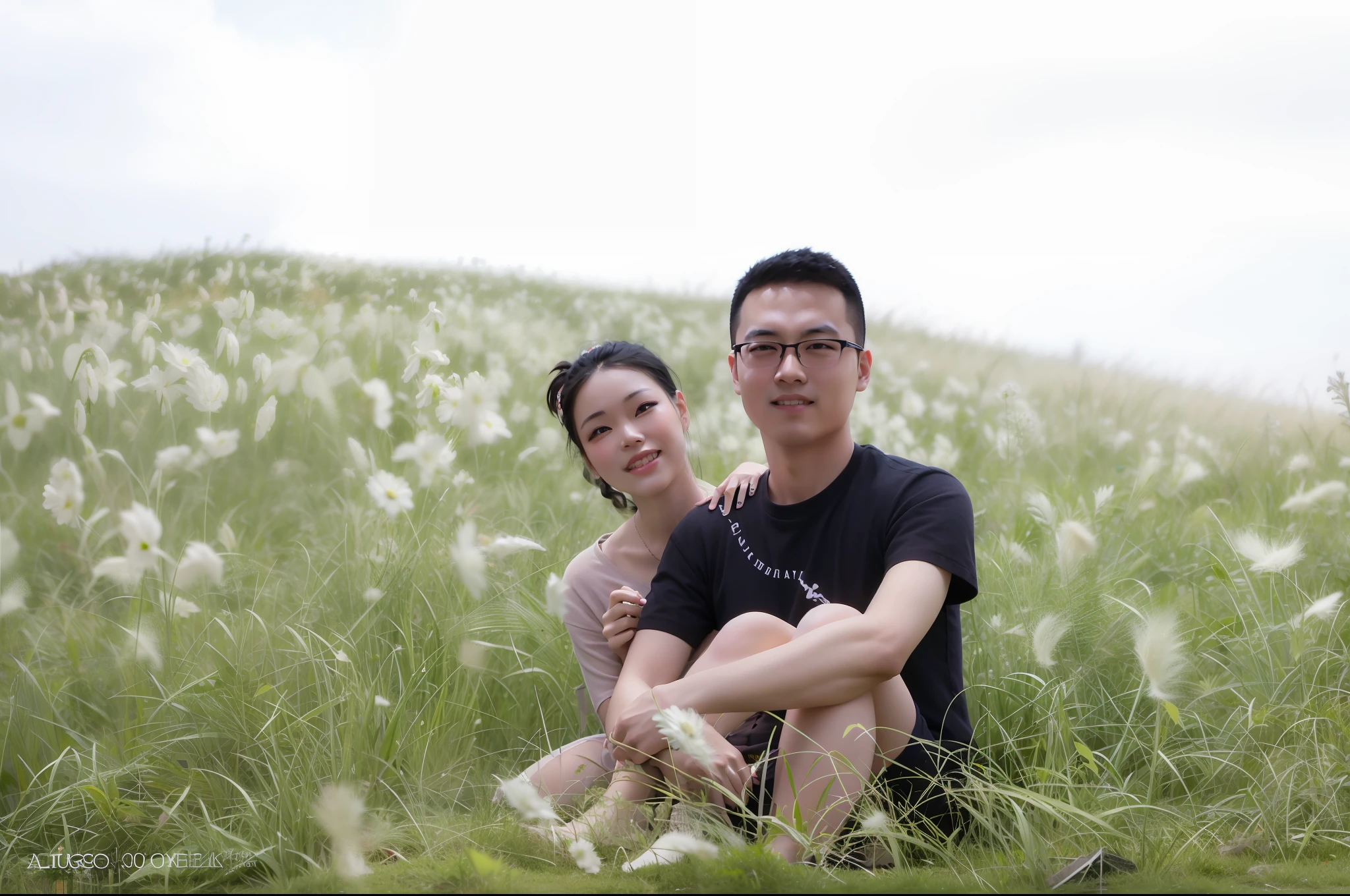 there are two people sitting in a field of tall grass, Ruan Jia and Fenghua Zhong, ruan jia and brom, Avatar image, cute couple, on a grassy field, # overclocking, #overclocking, on a grassy field, vacation photo, photo taken with canon 5d, in a large grassy green field, Happy couple, couple, Li Zixin