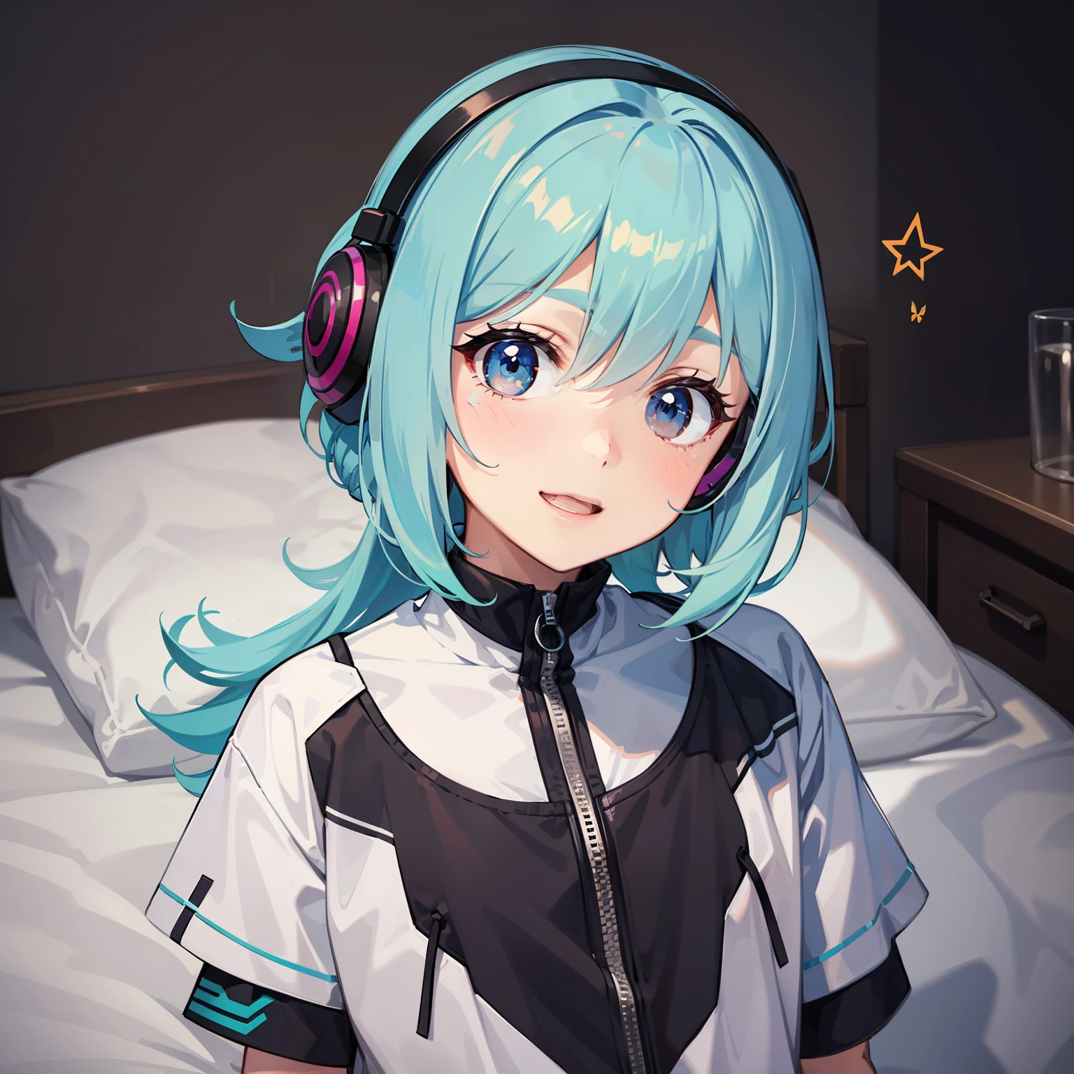 Alien girl, 3 , pelo azul, ropa normal, auriculares con antenas de insecto en la cabeza, sentada en una cama, sonrisa inocente, rasgos extraterrestres