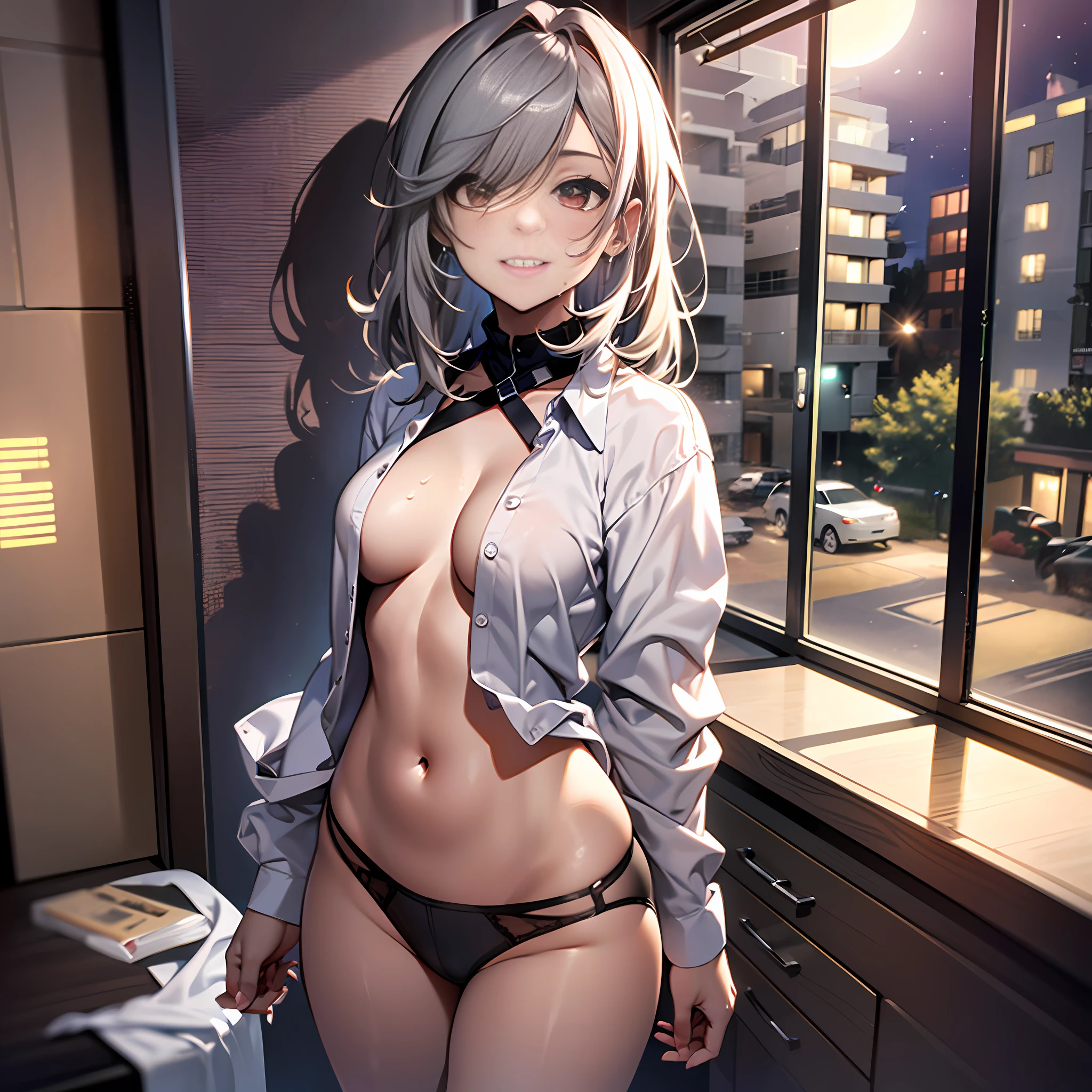 Ultra High Resolution, Masterpiece, (Lori: 1.5), (Gray hair: 1.5), Detailed details, Red eyes, (Small breasts: 1.5), Full body view, Navel, Background blur, Ray tracing, Eyes looking at camera, Happy expression, Bareleg, Barefoot, (Panties only: 1.5), Standing, (Big White Shirt: 1.2), (Shirt unbuttoning: 1.2), (Without bra: 1.3), (Black panties: 1.2), Sheer clothes, slim figure, slender legs, sweat, (suburbs: 1.5), (night: 1.5), (Full moon: 1.2), (Riverside: 1.5), (Firefly: 1.4), moonlight,