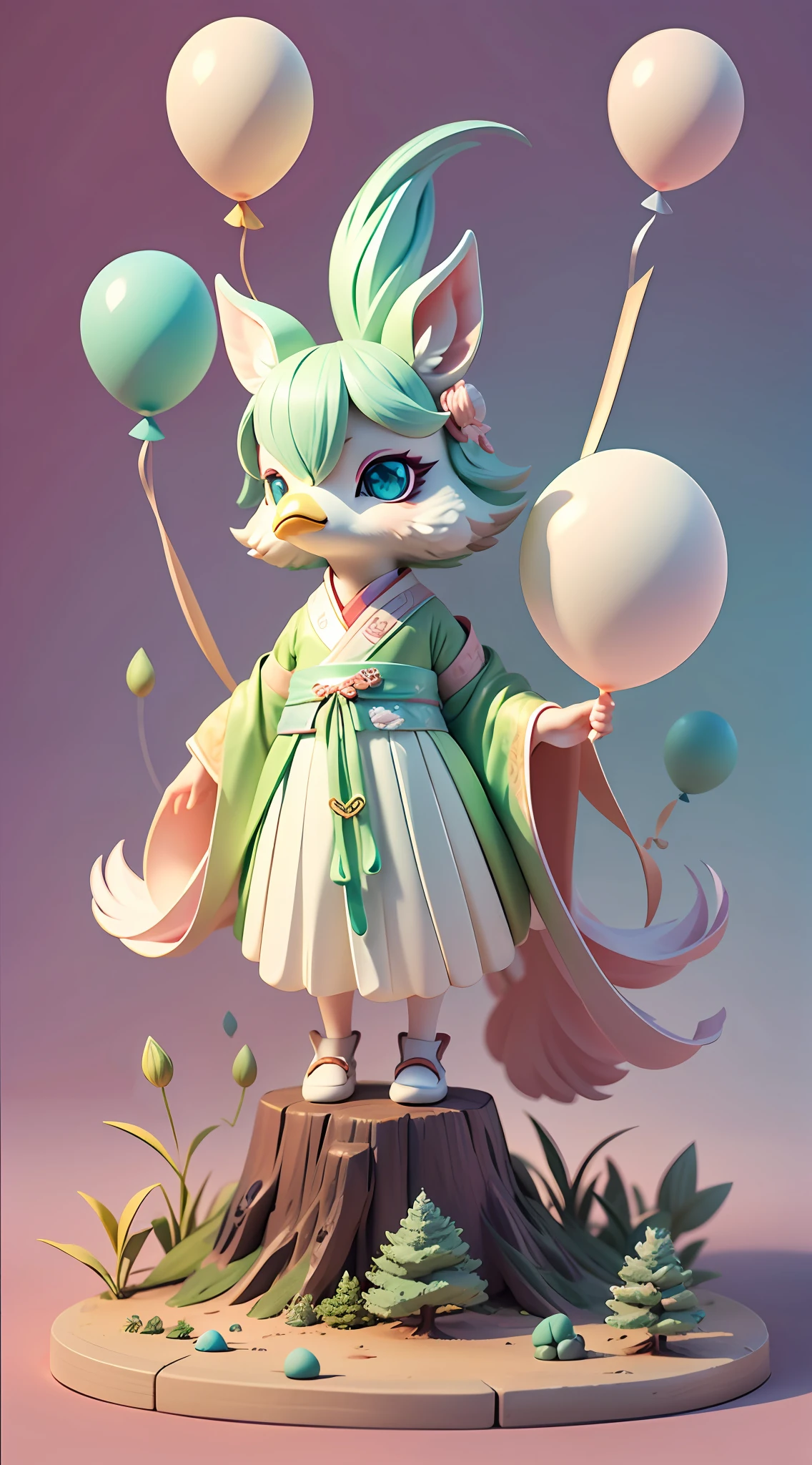 anthro rooster,heal,wearing a hanfu,Winged ears on the head, fluffly, featheredwings,gradient pink ((best qualtiy)), ((tmasterpiece)), ( extremedetailed, highest details, offcial art, Beauty and artistic aesthetics:1.2), Composition full body,(tchibi),(Beautiful and delicate eyes:1.3),(Light mint green and gradient white),Popmart blind box,Clay texture,(Heart-shaped transparent balloon,Clouds decorate background)