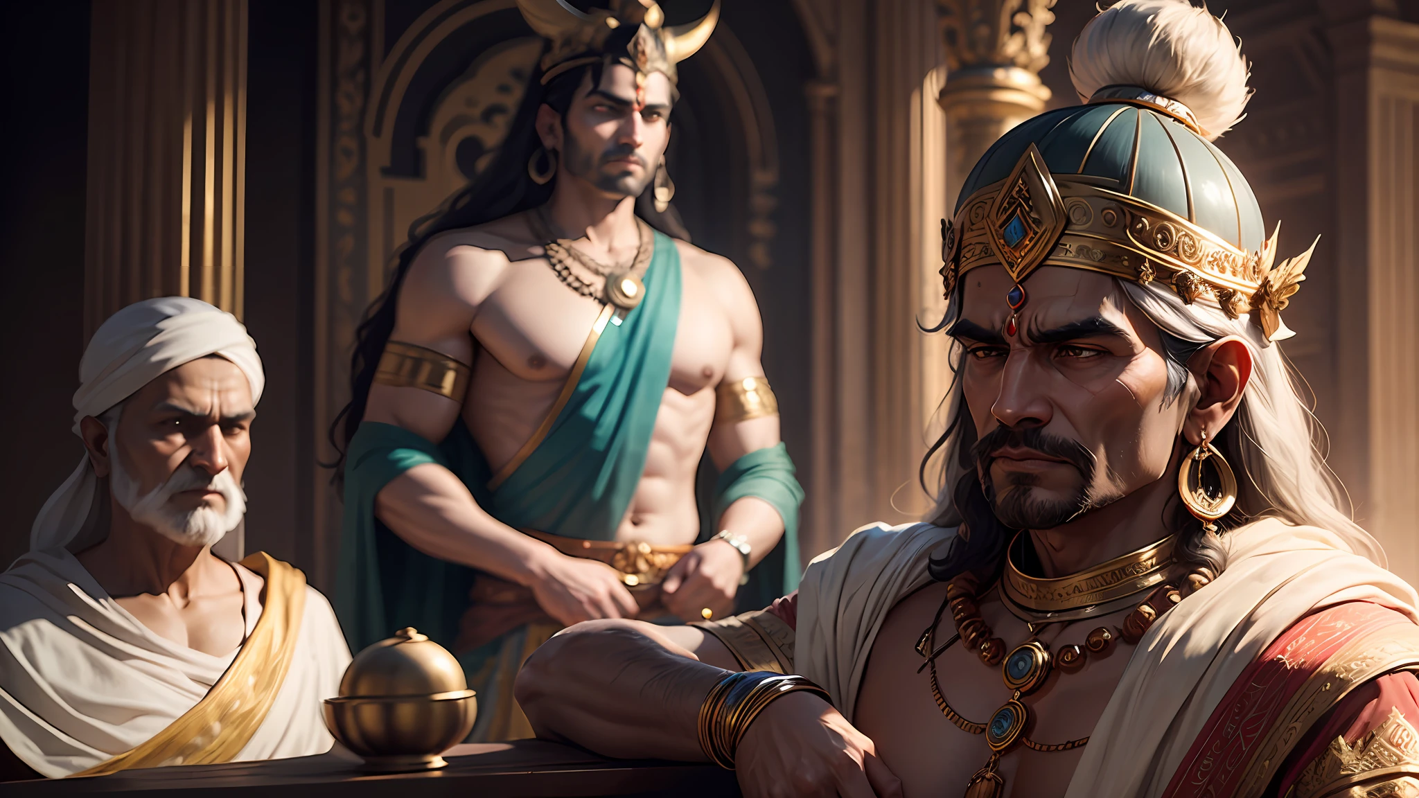 Shiva the indian god , 8k ultra realistic ,in a royal room , and he is sick he is on a bad , he take a rest , , he is a king and there many peoples , many  crowd there in front of king ,