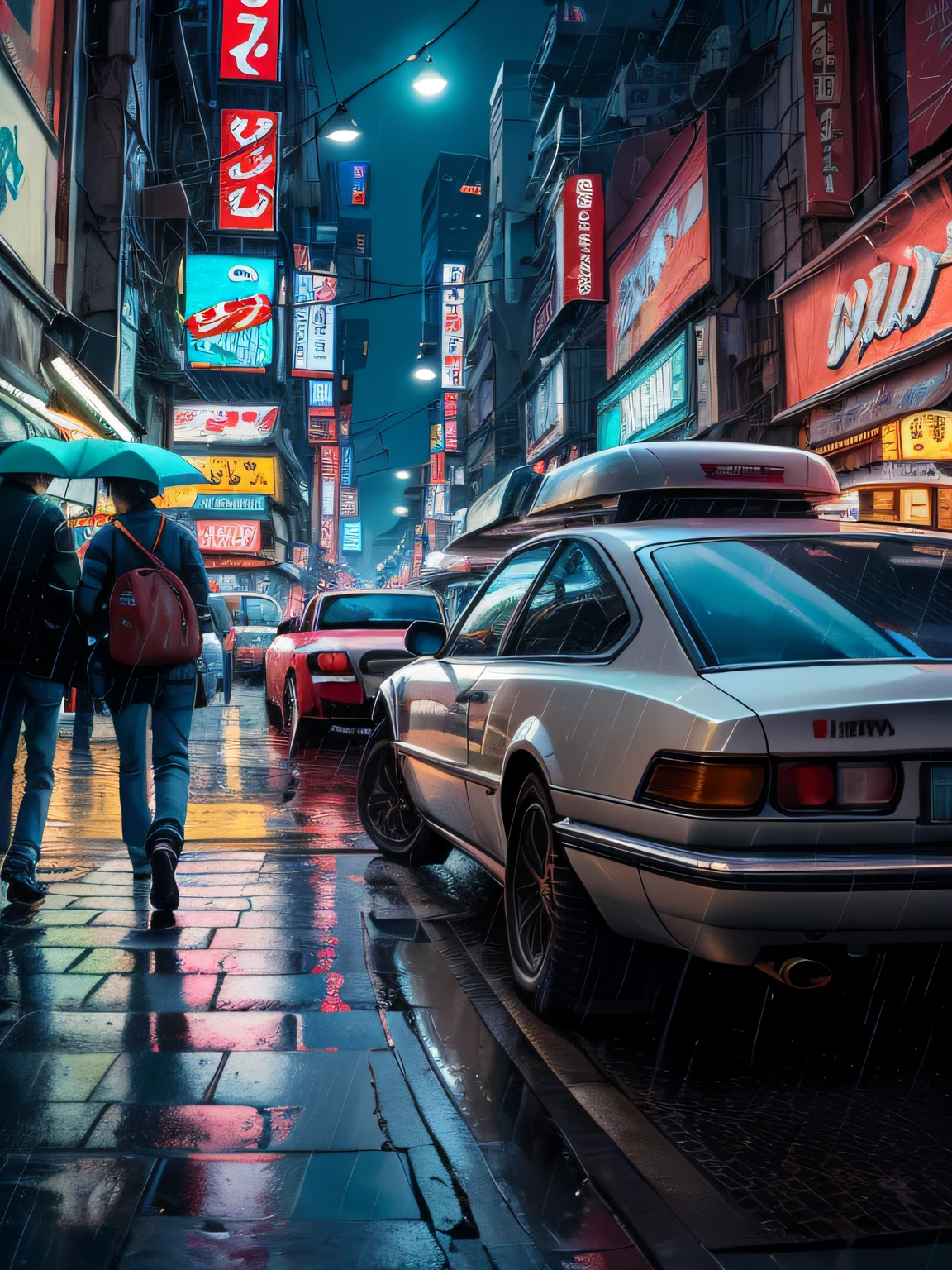 ((best quality)), ((masterpiece)), ((ultra realistic)), ((night time)), majestically detailed soft oil painting by jim lee, beautiful neon cyberpunk Tokyo, reflections, raining, crowded scifi city street, futuristic cars, night time, metallic, neon edge lighting, people, umbrellas, professional, skyscrapers, deep shadows, masterpiece, realistic, roughness, ultra realistic, photographed on a Canon EOS R5, 50mm lens, F/2.8, HDR, 8k resolution, highres, high detail, sharp focus, smooth, roughness, real life, photorealism, photography, 8k uhd,