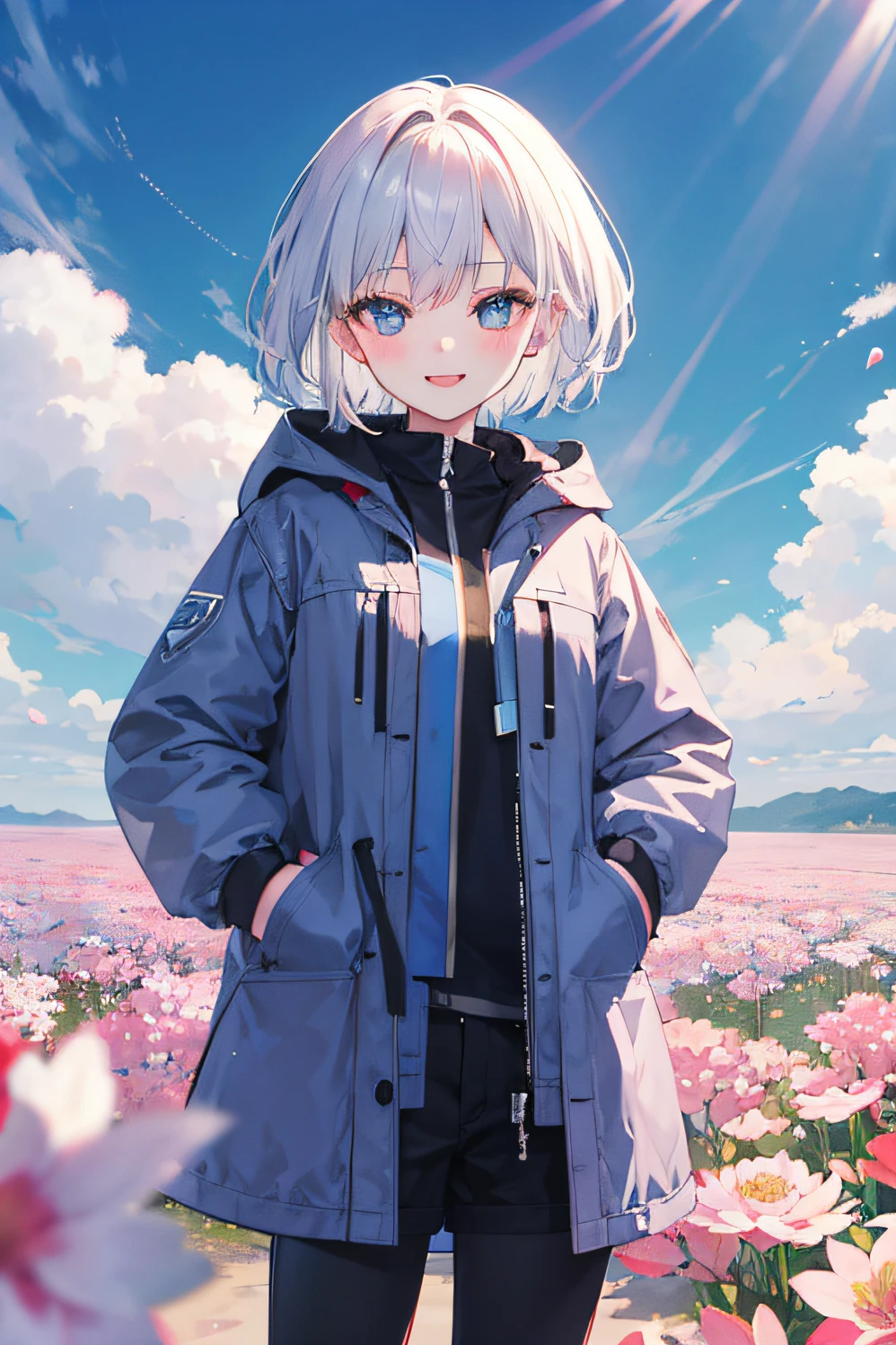 1girl，flower  sea，rays of sunshine，coat large，Put your hands in your pockets，ssmile，adolable
