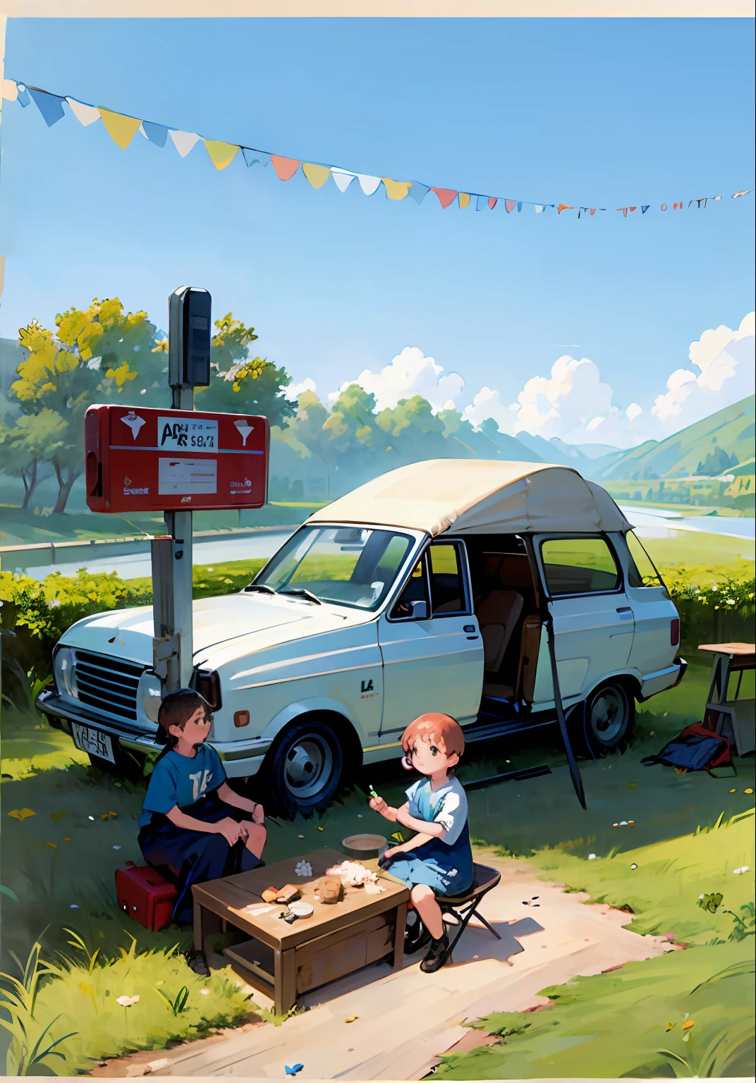 A 10-year-old boy in the lower left corner pointing into the distance with his finger in the right corner A man in his 30s pointing into the distance on the right with two soaring race cars in the center of the back against the background of a sprayed ribbon and a rustic background