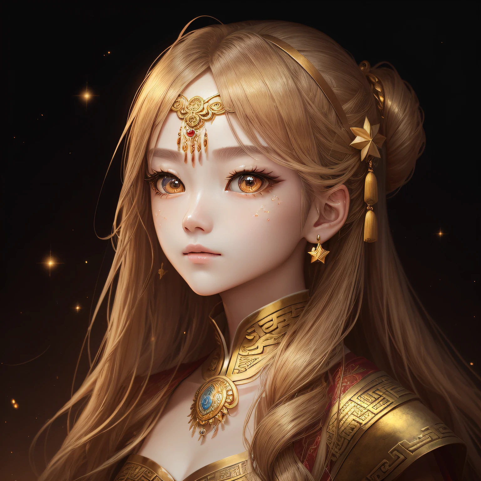 (((A masterpiece))),(Retina-level textured skin,Super fine),Long silky hair,Golden-like hair color,Tied into a ponytail,Wearing ancient hair accessories,After taking off the hair ornament, there are star-shaped pupils,The eyes shone like gold,face expressionless,But full of determination。perfect anatomia,Accurate。an Quority(((High-definition full-body picture quality))),(((Award-winning Best Quality Design))),Behind it is a backdrop of ancient Chinese mythological architecture,Full of mystery,((Immortal costume))Detail at its best。