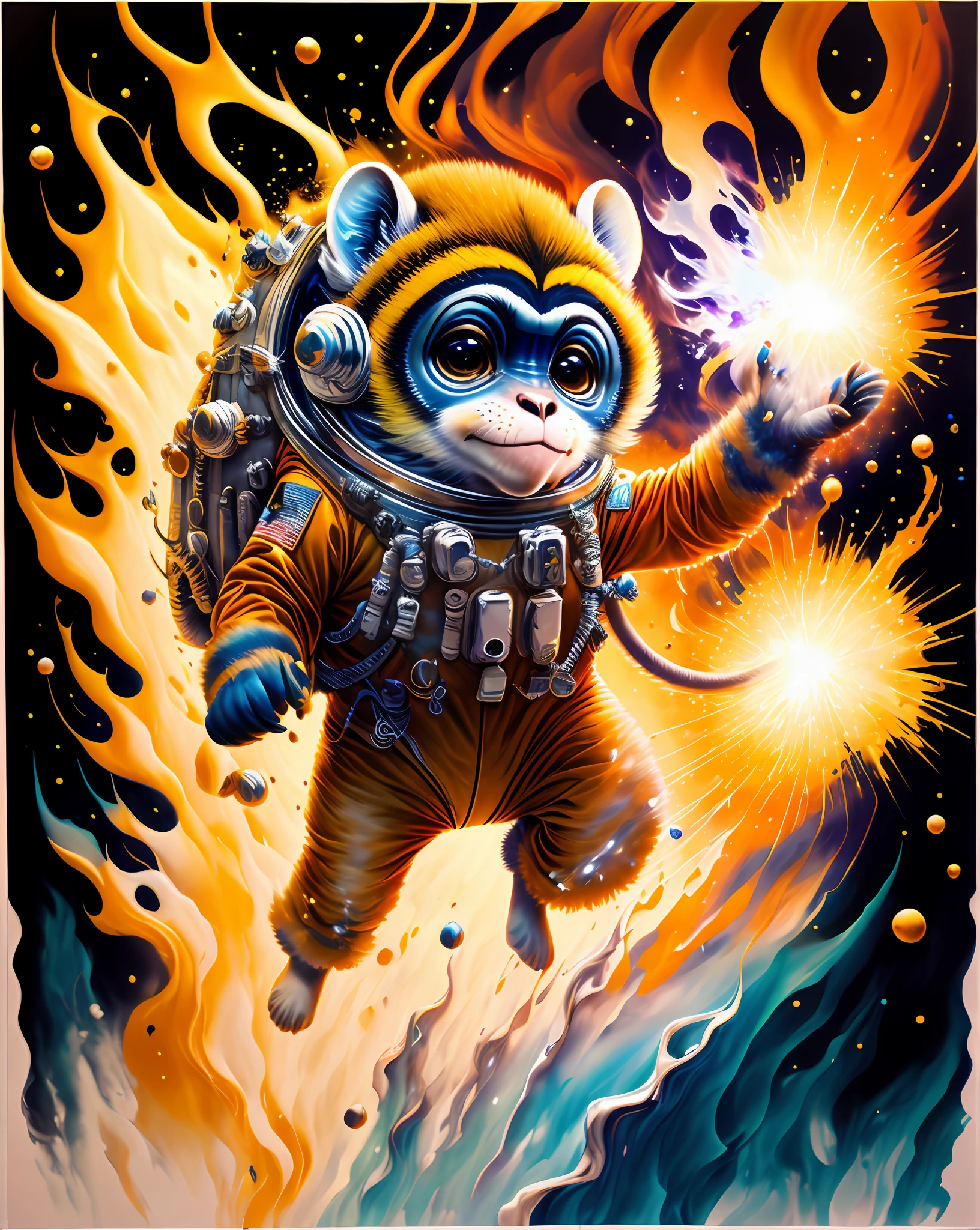 macaco astronauta, escalando o asteroide, character rendering, ultra high quality model, ethereal background, beleza abstrata, explosive volumetric, oil-painting, pinceladas pesadas, pingos de tinta