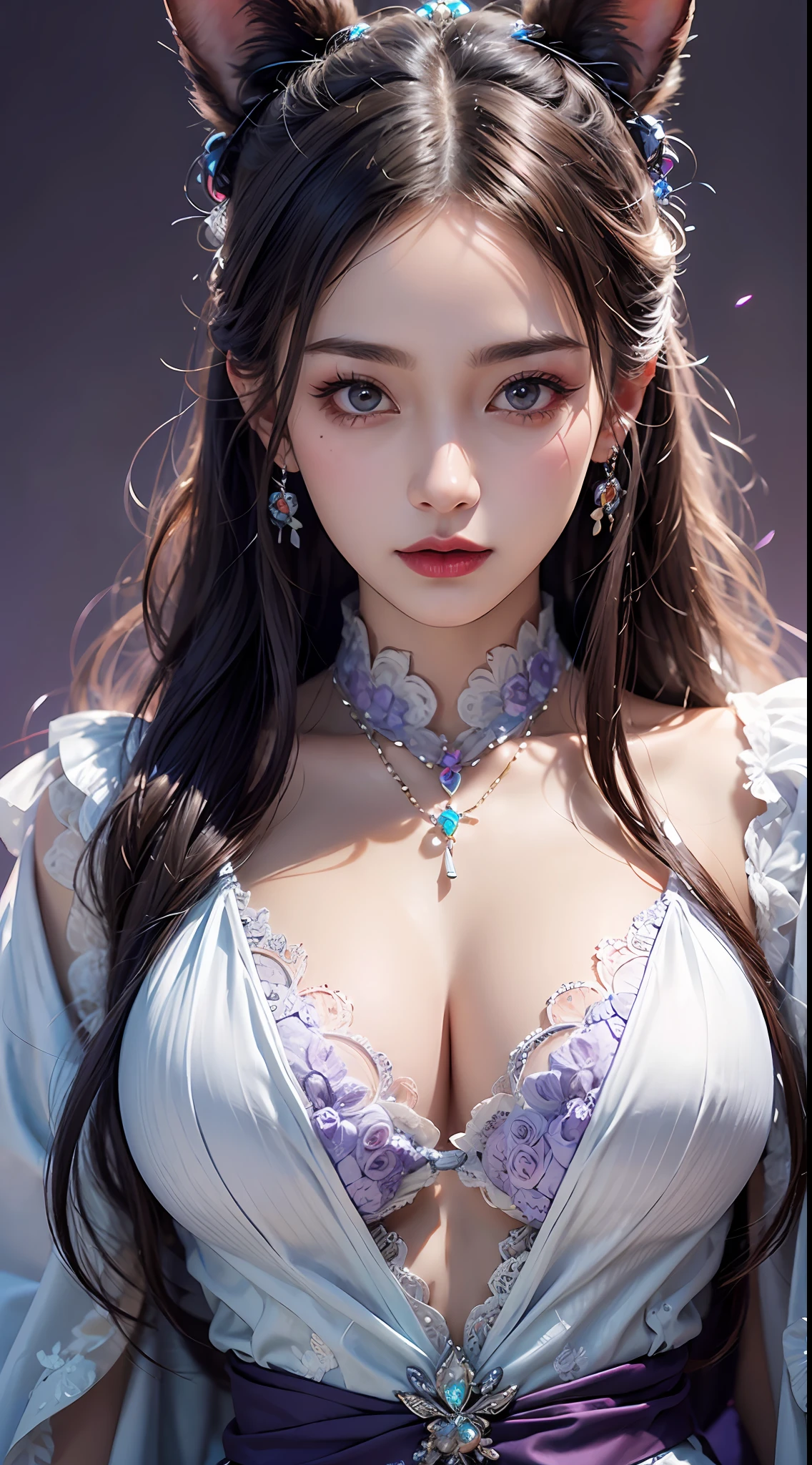 1 beautiful girl in Han costume, thin purple silk shirt with white color with many textures, white lace top, long platinum purple ponytail, hair jewelry, ear jewelry, light purple rabbit ears, necklace and necklace, meticulously drawn large purple eyes, meticulous makeup, thin eyebrows, high nose, lovely red lips, not smiling, pursed lips, rosy cheeks, wide breasts, big breasts , well-proportioned bust, slim waist, purple mesh socks, chinese hanfu style, fictitious art textures, vivid and realistic colors, RAW photos, realistic photos, ultra high quality 8k surreal photos, (effective fantasy light effect: 1.8), 10x pixel, magic effect (background): 1.8), super detailed eyes, girl body portrait, ancient hanfu background,