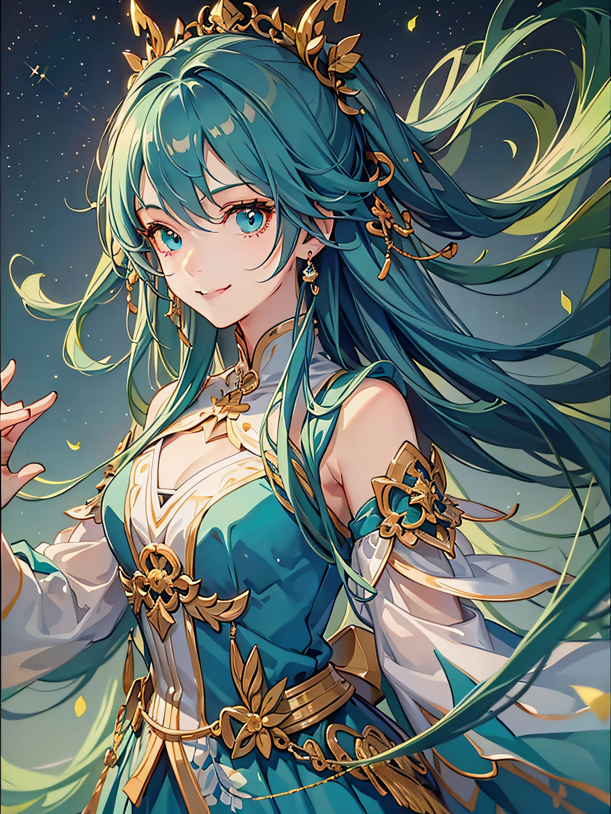 hair splayed out, multicolored hair, aqua eyes, Light smile, Anime, god light, 16k, Best quality, hyper HD, Award-Awarded