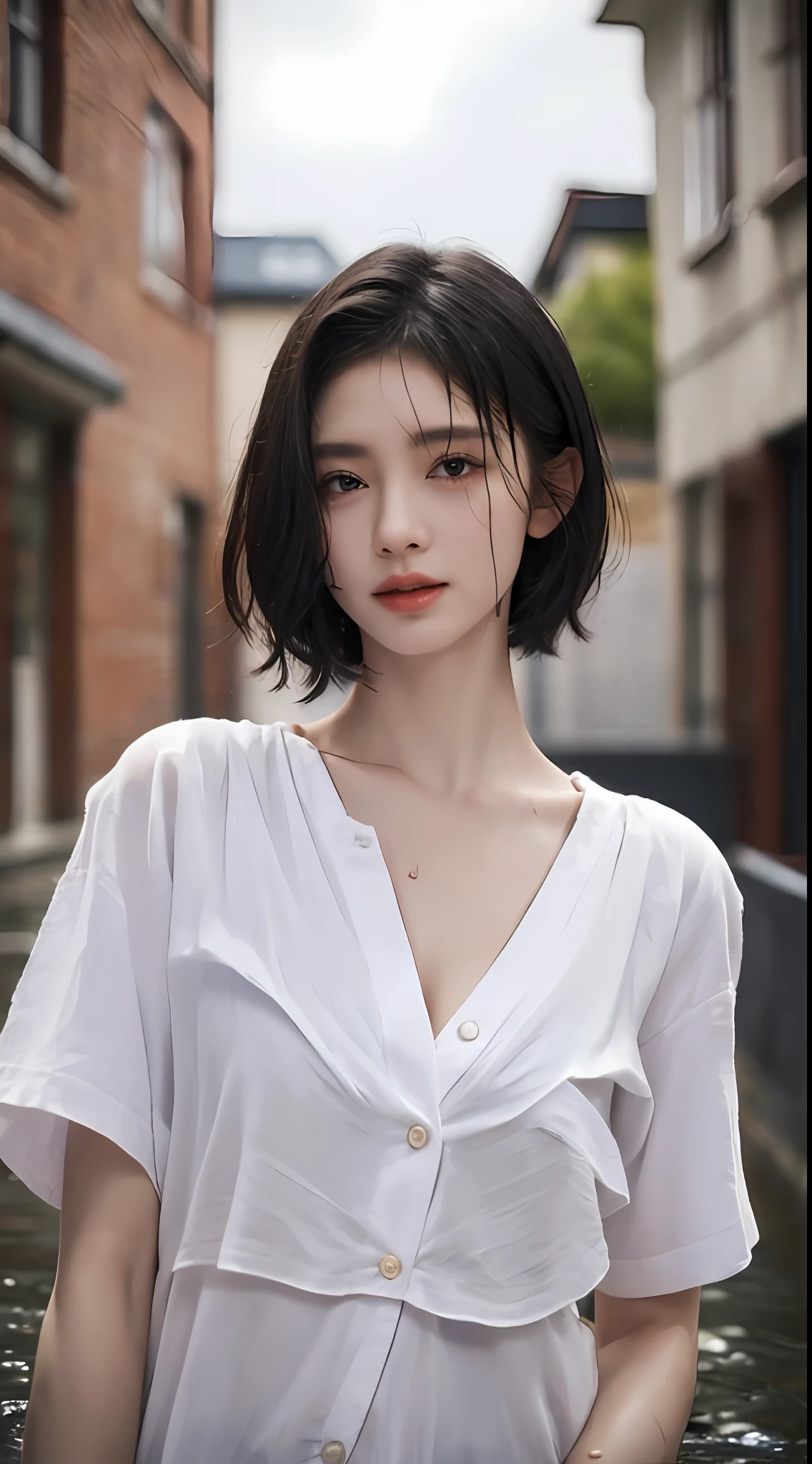 ((Best quality, 8k, Masterpiece :1.3)), Sharp focus :1.2, A pretty woman with perfect figure :1.4, Slender abs :1.2, ((Layered haircut, Big breasts :1.2)), (Wet white button up long shirt :1.1), (Rain, Street:1.2), Wet body :1.5, Highly detailed face and skin texture, Detailed eyes, Double eyelid