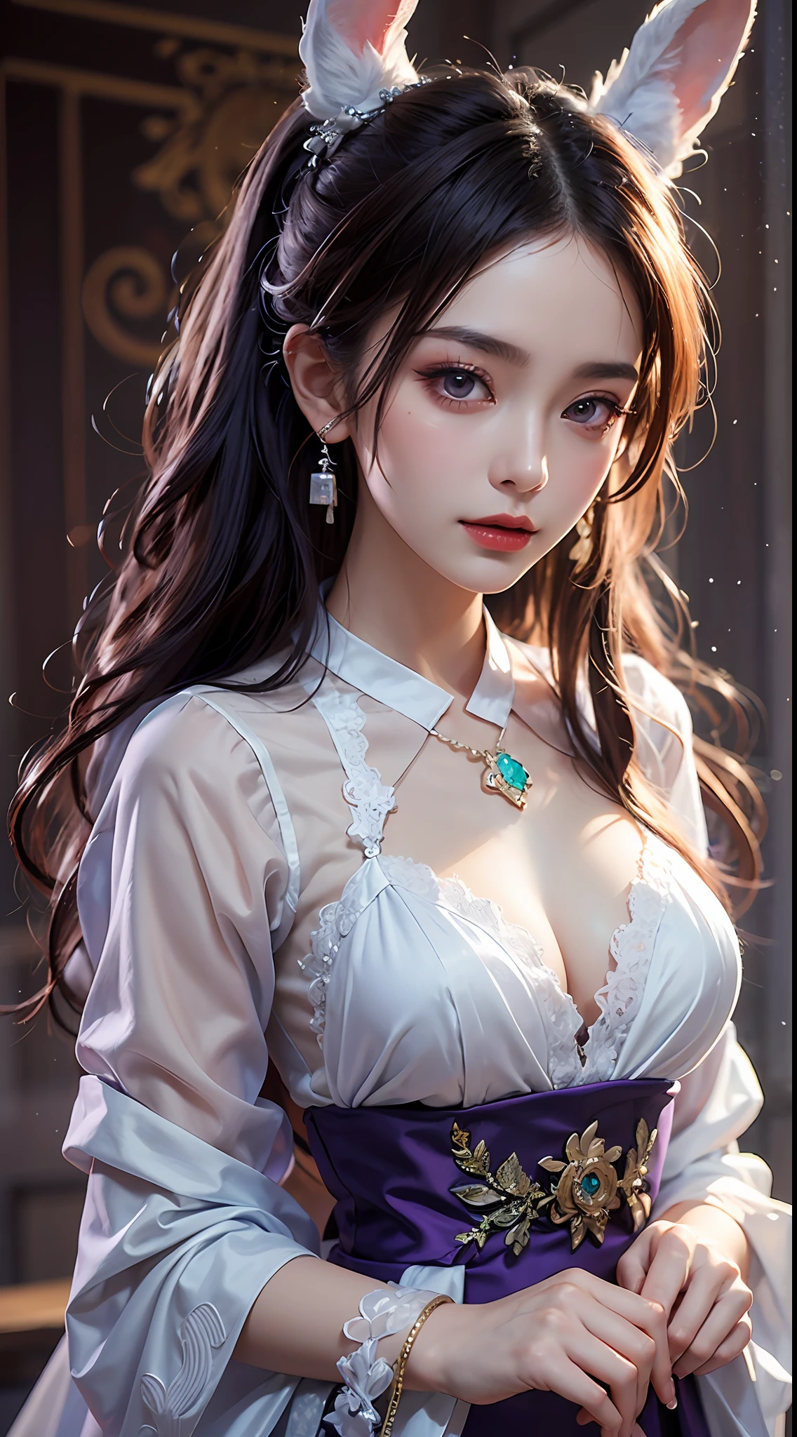 1 beautiful girl in Han costume, thin purple silk shirt with white color with many textures, white lace top, long platinum purple ponytail, hair jewelry, ear jewelry, light purple rabbit ears, necklace and necklace, meticulously drawn large purple eyes, meticulous makeup, thin eyebrows, high nose, lovely red lips, not smiling, pursed lips, rosy cheeks, wide breasts, big breasts , well-proportioned bust, slim waist, purple mesh socks, chinese hanfu style, fictitious art textures, vivid and realistic colors, RAW photos, realistic photos, ultra high quality 8k surreal photos, (effective fantasy light effect: 1.8), 10x pixel, magic effect (background): 1.8), super detailed eyes, girl body portrait, ancient hanfu background,
