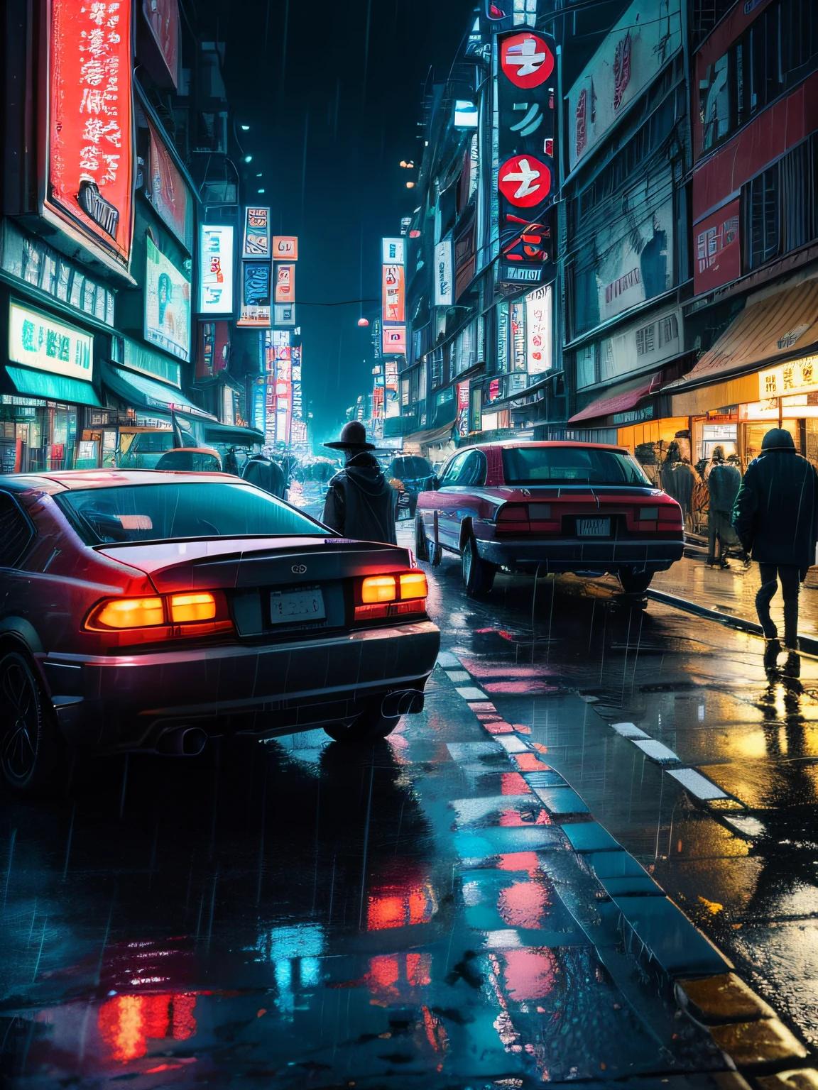 ((best quality)), ((masterpiece)), ((ultra realistic)), ((night time)), majestically detailed soft oil painting by jim lee, beautiful neon cyberpunk Tokyo, reflections, raining, crowded scifi city street, futuristic cars, night time, metallic, neon edge lighting, people, umbrellas, professional, skyscrapers, deep shadows, masterpiece, realistic, roughness, ultra realistic, photographed on a Canon EOS R5, 50mm lens, F/2.8, HDR, 8k resolution, highres, high detail, sharp focus, smooth, roughness, real life, photorealism, photography, 8k uhd,