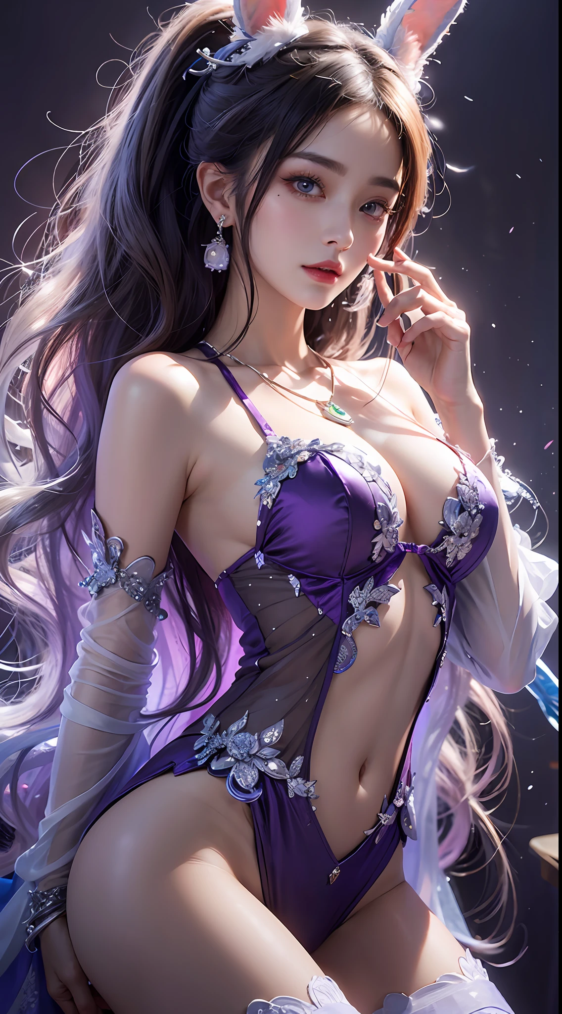 1 beautiful girl in Han costume, thin purple silk shirt with white color with many textures, white lace top, long platinum purple ponytail, hair jewelry, ear jewelry, light purple rabbit ears, necklace and necklace, meticulously drawn large purple eyes, meticulous makeup, thin eyebrows, high nose, lovely red lips, not smiling, pursed lips, rosy cheeks, wide breasts, big breasts , well-proportioned bust, slim waist, purple mesh socks, chinese hanfu style, fictitious art textures, vivid and realistic colors, RAW photos, realistic photos, ultra high quality 8k surreal photos, (effective fantasy light effect: 1.8), 10x pixel, magic effect (background): 1.8), super detailed eyes, girl body portrait, ancient hanfu background,