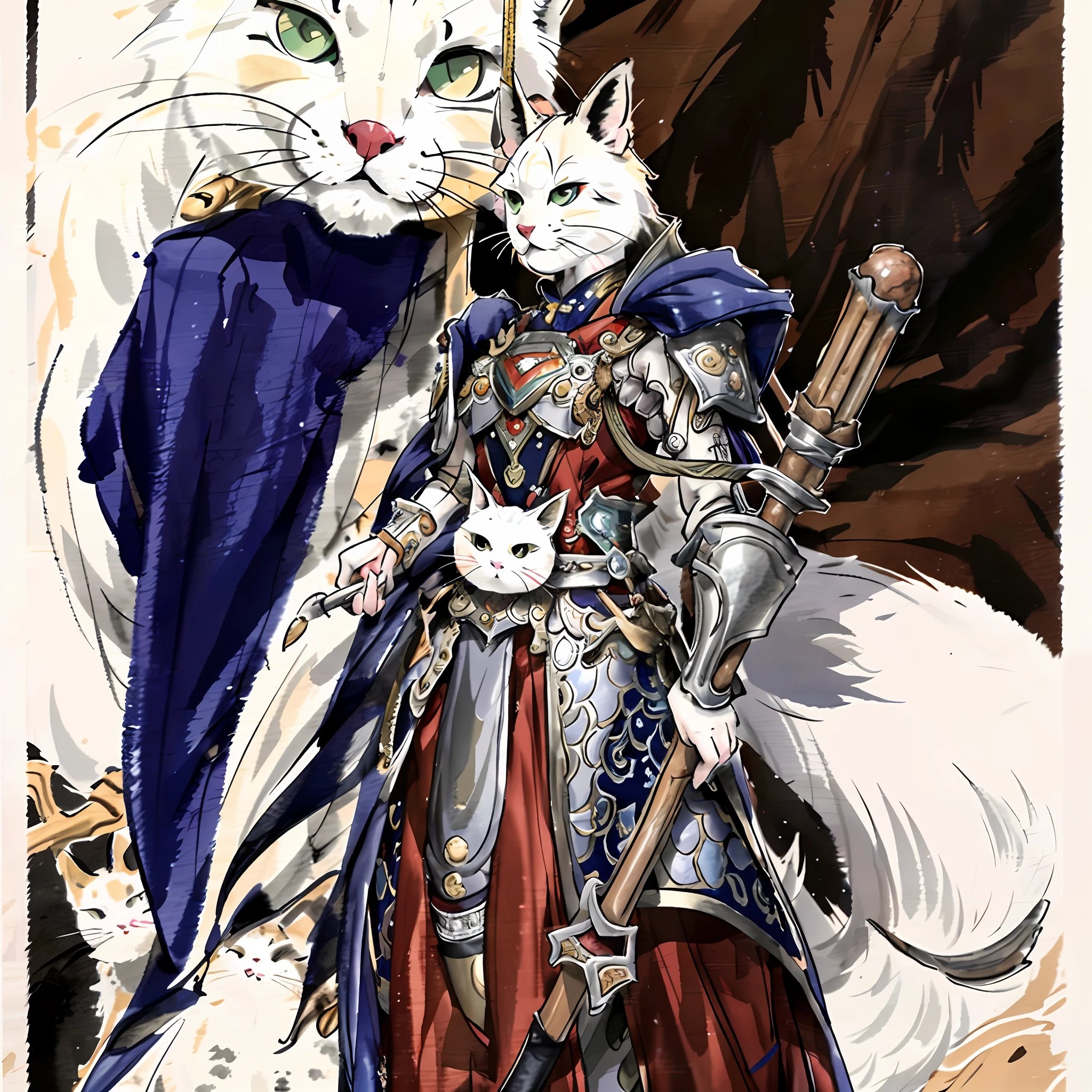 Draw one wearing gold armor、Chinese warrior with a stick，Add traditional Chinese elements，white cat， --auto