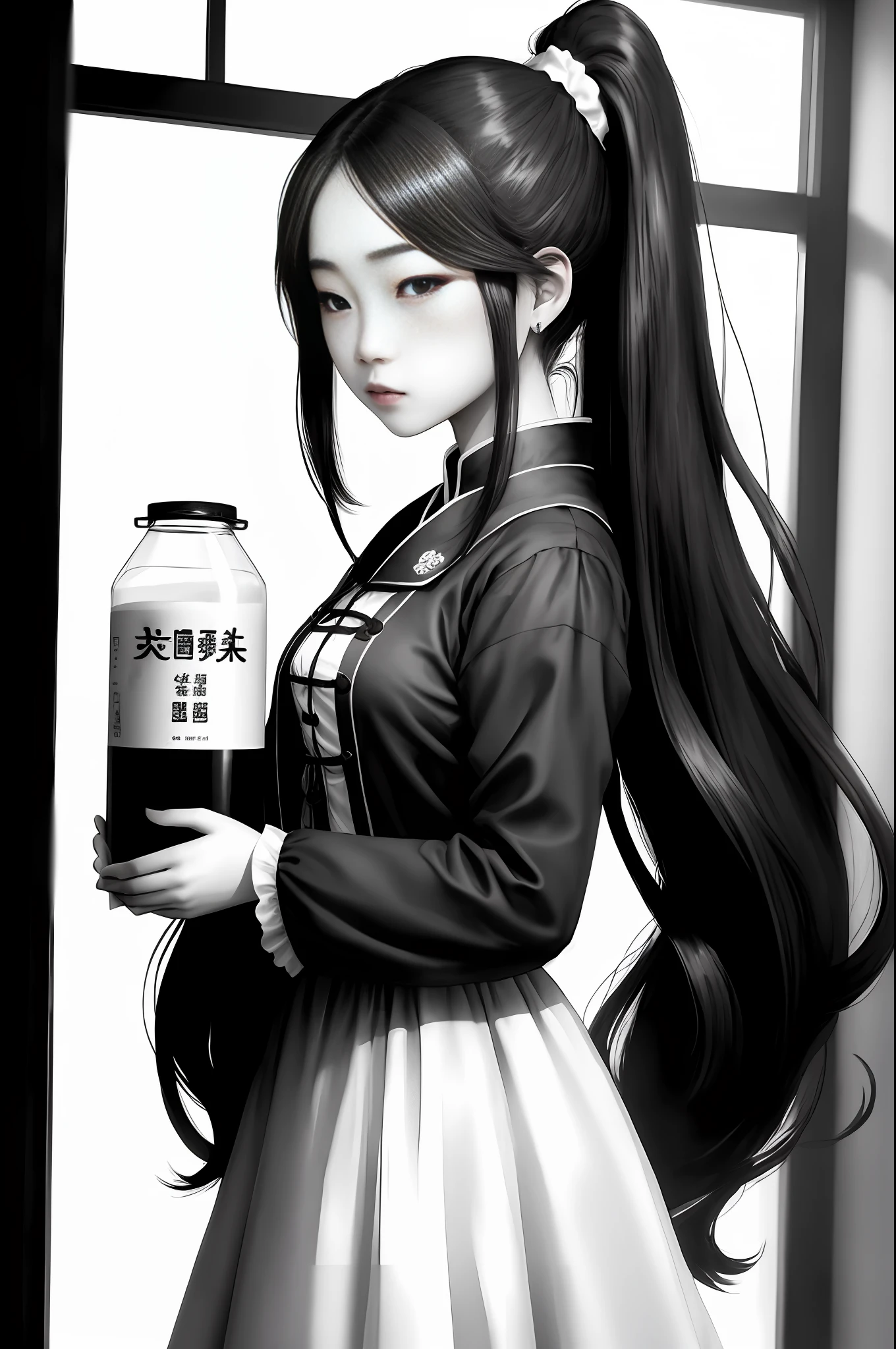 Chinese ink style，The long-haired，teens girl，Single high ponytail，Poor milk，period costume，