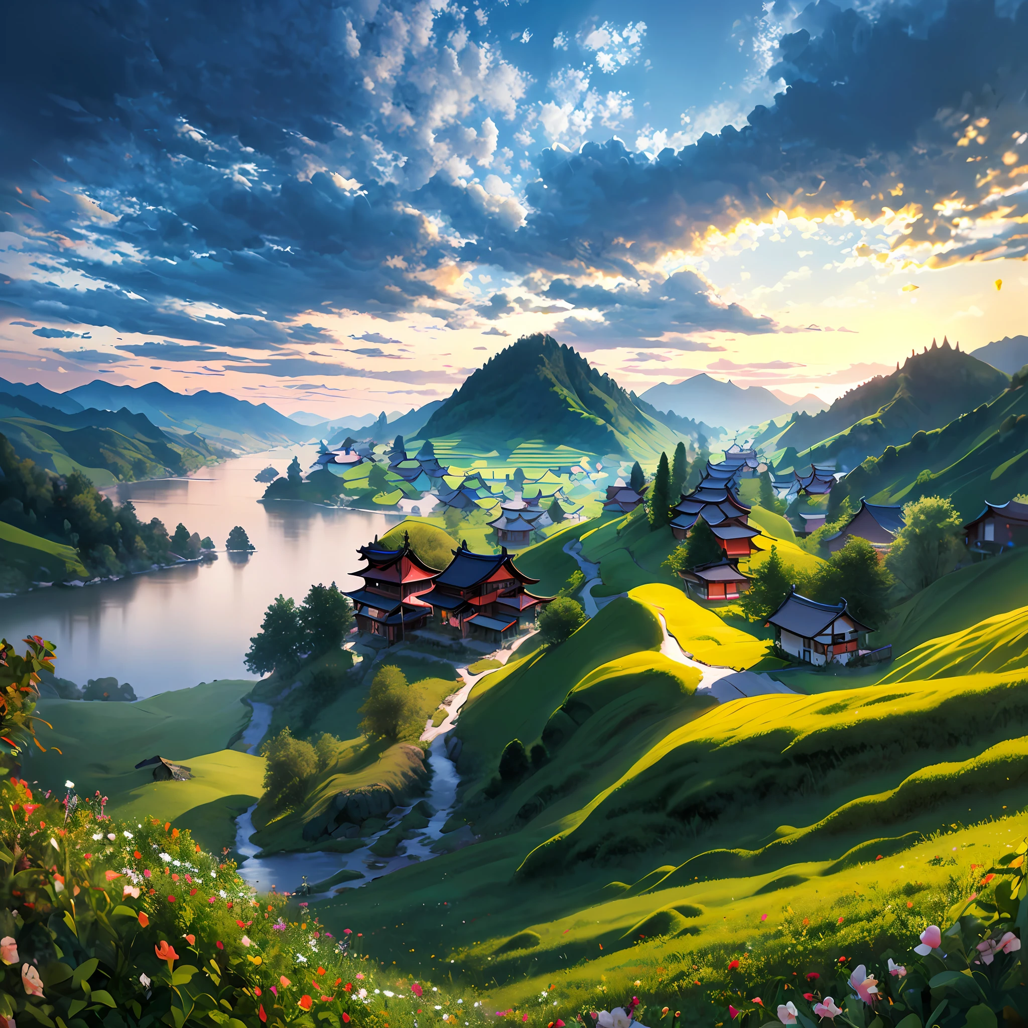 hoang lap, A high resolution, (Official fine art, Beauty Feeling:1.2), Close-up, Brilliant sky, Wide world, staredown, Clouds, High hills, natural beauty, inspiration, Light effect,4K Ultra HD