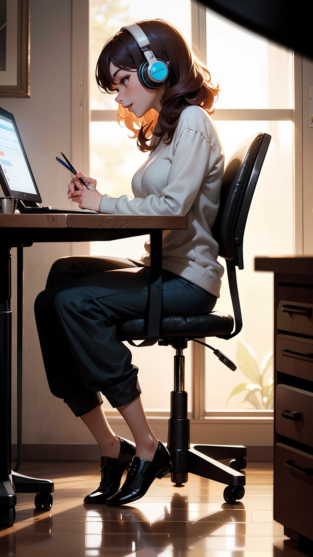 masterpiece, best quality: 1.4), ultra-detailed, soft light, night light, natural lighting, cinematic light, film grain, (depth of field), (1girl, background: 1.4), (Happy:1.3),(skin dark:1.5 ), (Brazilian), (((full body))), (student), silhouette, perfect female shape, (perfect face, detailed face, glossy lips, eyeliner), (curly hair), (pants), (mixtape: 1.4 ), (headphones), (sitting in chair), (in profile), (writing)