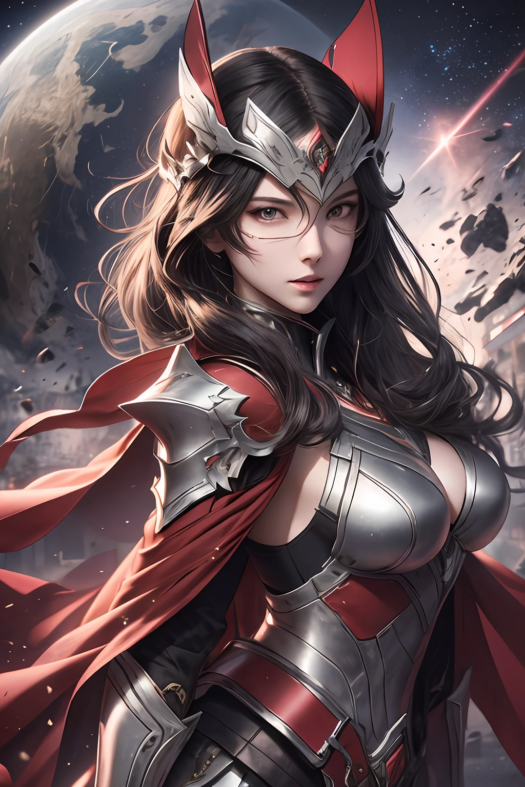 A female general in red armor,(best quailty,8K,tmasterpiece:1.3),digital DSLR camera,high high quality,Dark planet background,Petite body,(beautiful detailed eyes), (Super detail), (Desktop Wallpapers),Beautiful face ,(Detailed face),perfect figure beautiful woman:1.4, Clear facial features, Black hair,space,salama,Dramatic scenes,cinmatic lighting,超高分辨率,ultra high detailed,k hd,(dynamicposes),Hair soars,battlefiled,Red cape