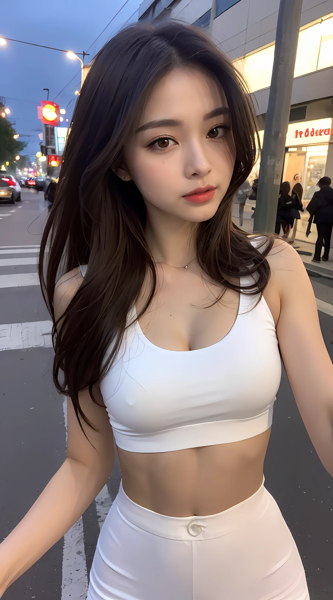 ((Realistic lighting, Best quality, 8K, Masterpiece: 1.3)), Clear focus: 1.2, 1girl, Perfect Figure: 1.4, Slim Abs: 1.1, ((Dark brown hair)), (White crop top: 1.4), (Outdoor, Night: 1.1), City streets, Super fine face, Fine eyes, Double eyelids,