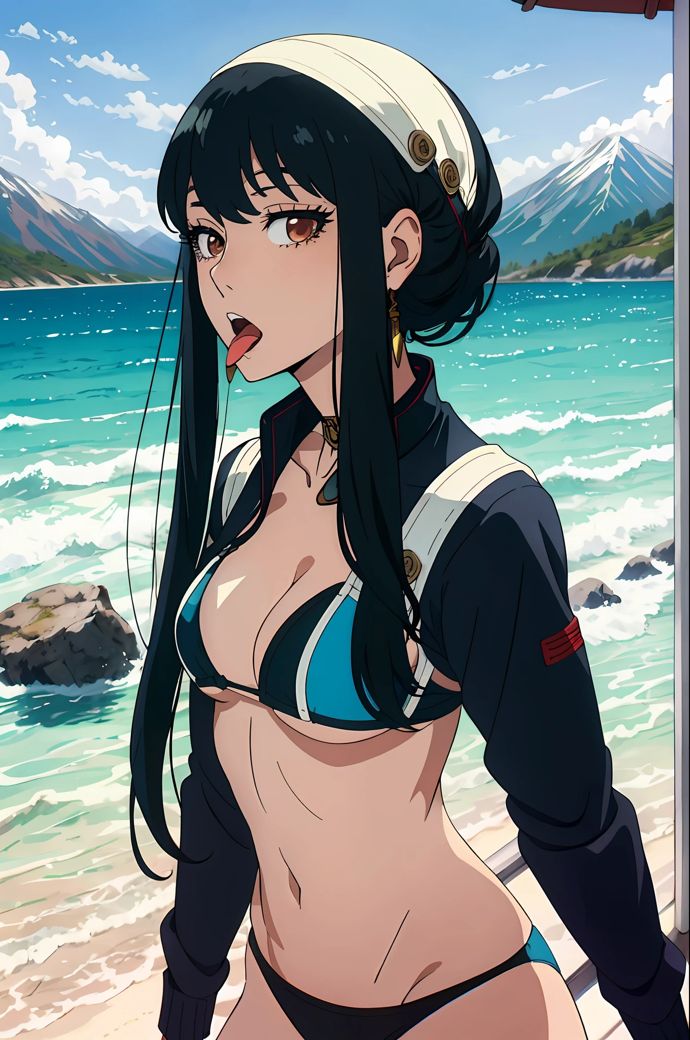 cabello mediano, Collar de marinero, Mountains, Kali, bikini, Babeo de la lengua de Ahegao, mirando al espectador