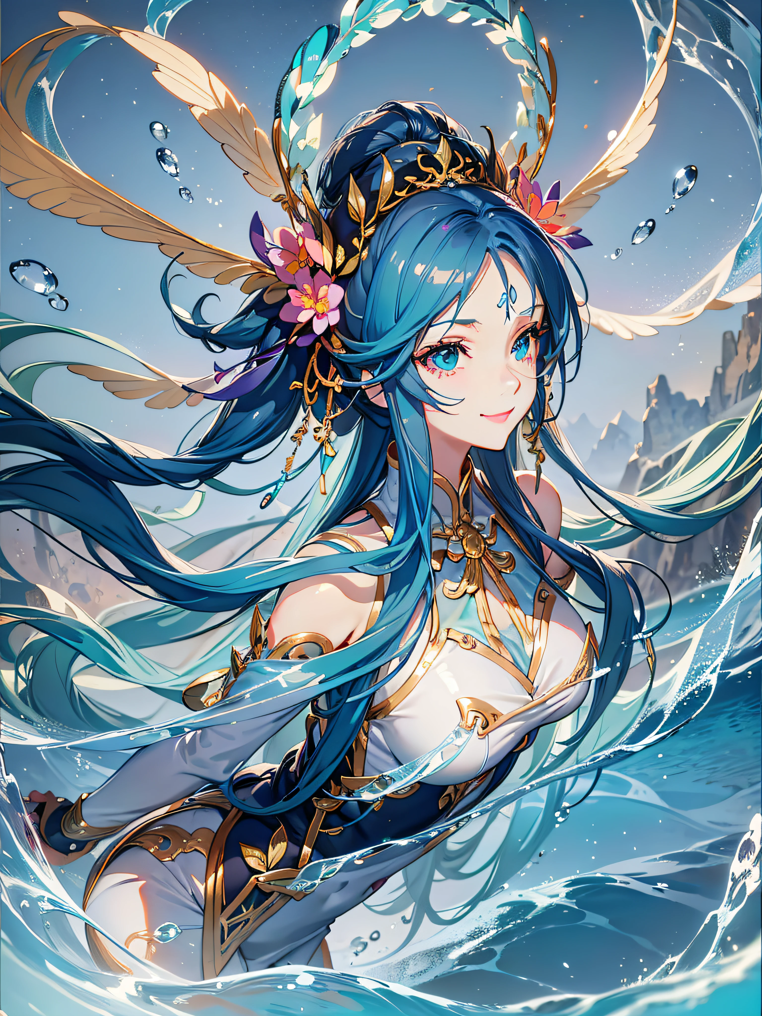 hair splayed out, multicolored hair, aqua eyes, Light smile, Anime, god light, 16k, Best quality, hyper HD, Award-Awarded