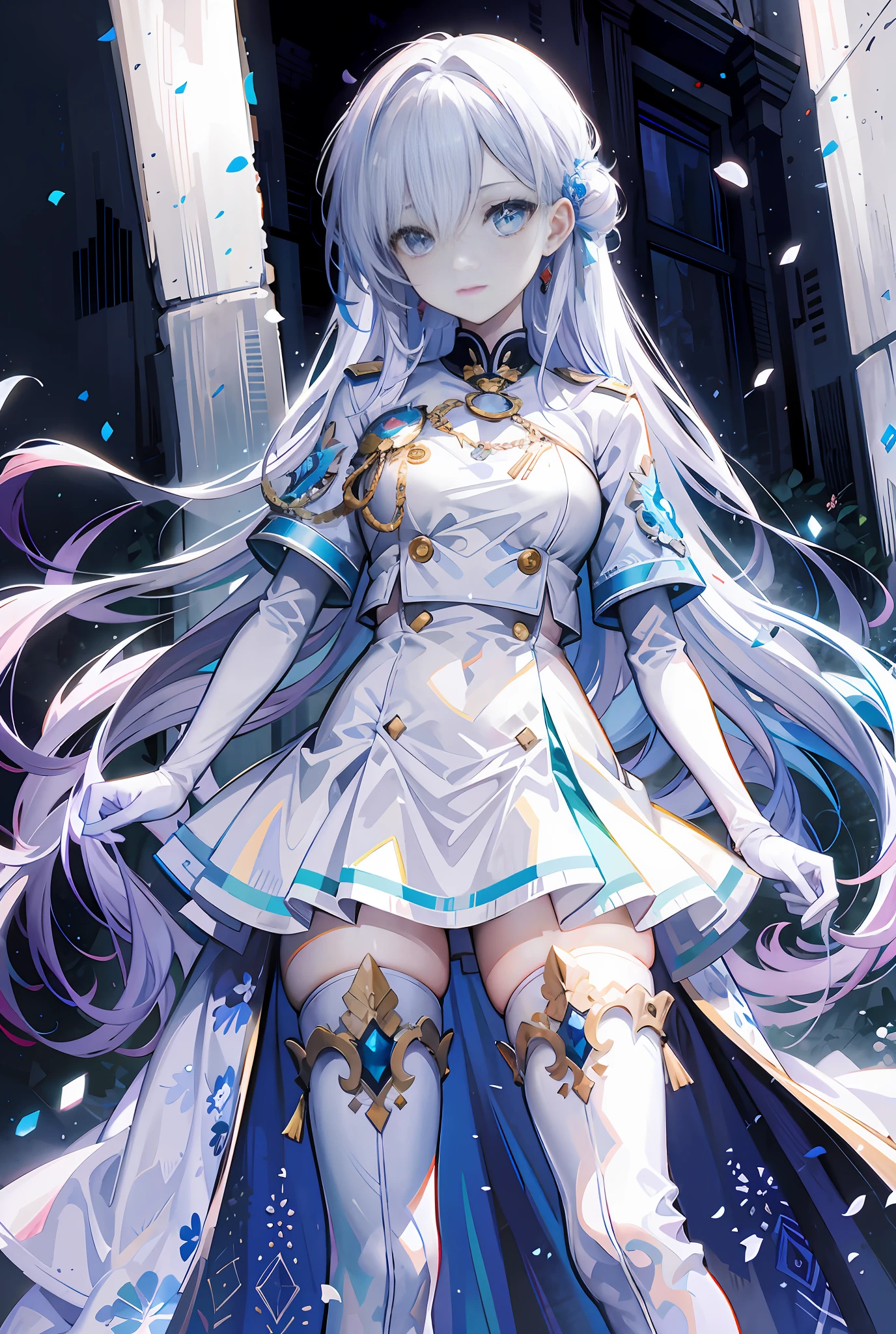 (White elbow long gloves),white long gloves,white uniform,White suspender thigh boots,long white hair,Blue pupil,short- sleeved,white sash,White leg rings,ornate decoration,White high-heeled thigh boots,beatiful background,anime girl in white dress with long white hair and blue eyes, Anime goddess, white-haired god, high detailed official artwork, Portrait Chevaliers du Zodiaque Fille, cute anime waifu in a nice dress, Detailed key anime art, trending on artstation pixiv, Kushatt Krenz Key Art Women, Epic light novel art cover, knights of zodiac girl