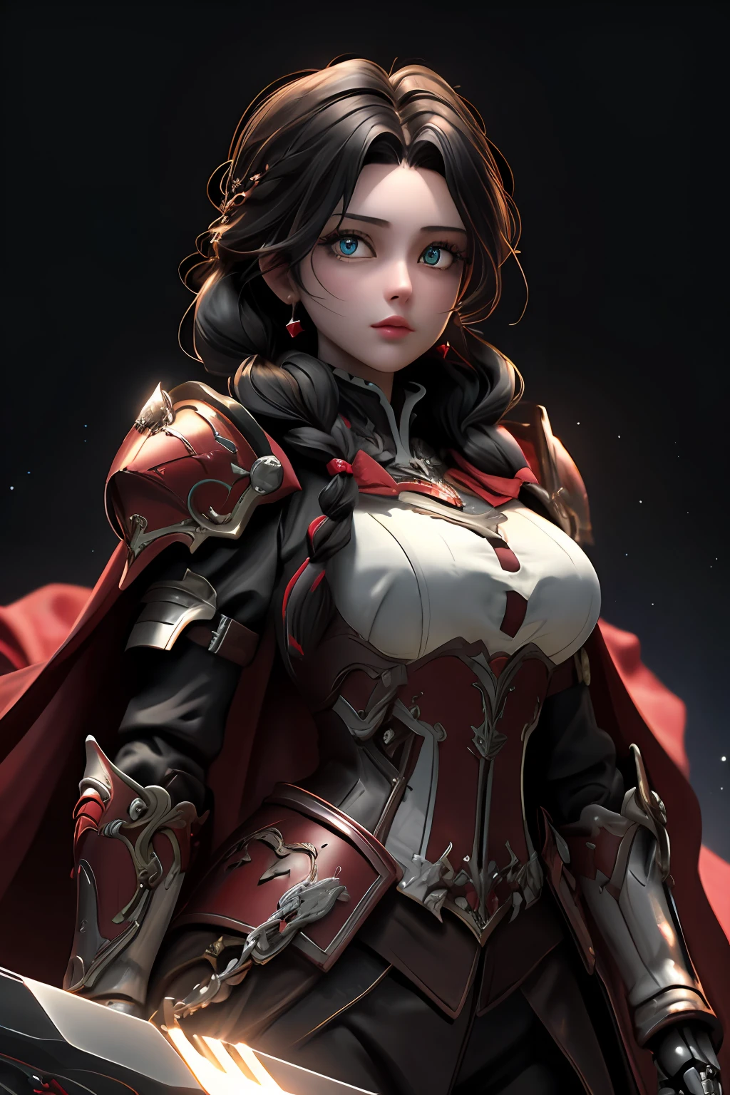 A dark angel dressed in mechanical armor，Beautiful face , Parting lips, Black hair, braid, Bright pupils, romanticism lain, Cinematic lighting, full room view, Super detail, A high resolution, 1080p, HD, 8K，（Detailed face），perfect figure beautiful woman:1.4， Clear facial features，Dark planet background，salama，Dramatic scenes，ultra high detailed，k hd，（dynamicposes），Ride on a cloaked warhorse，barded_steed，Red cape