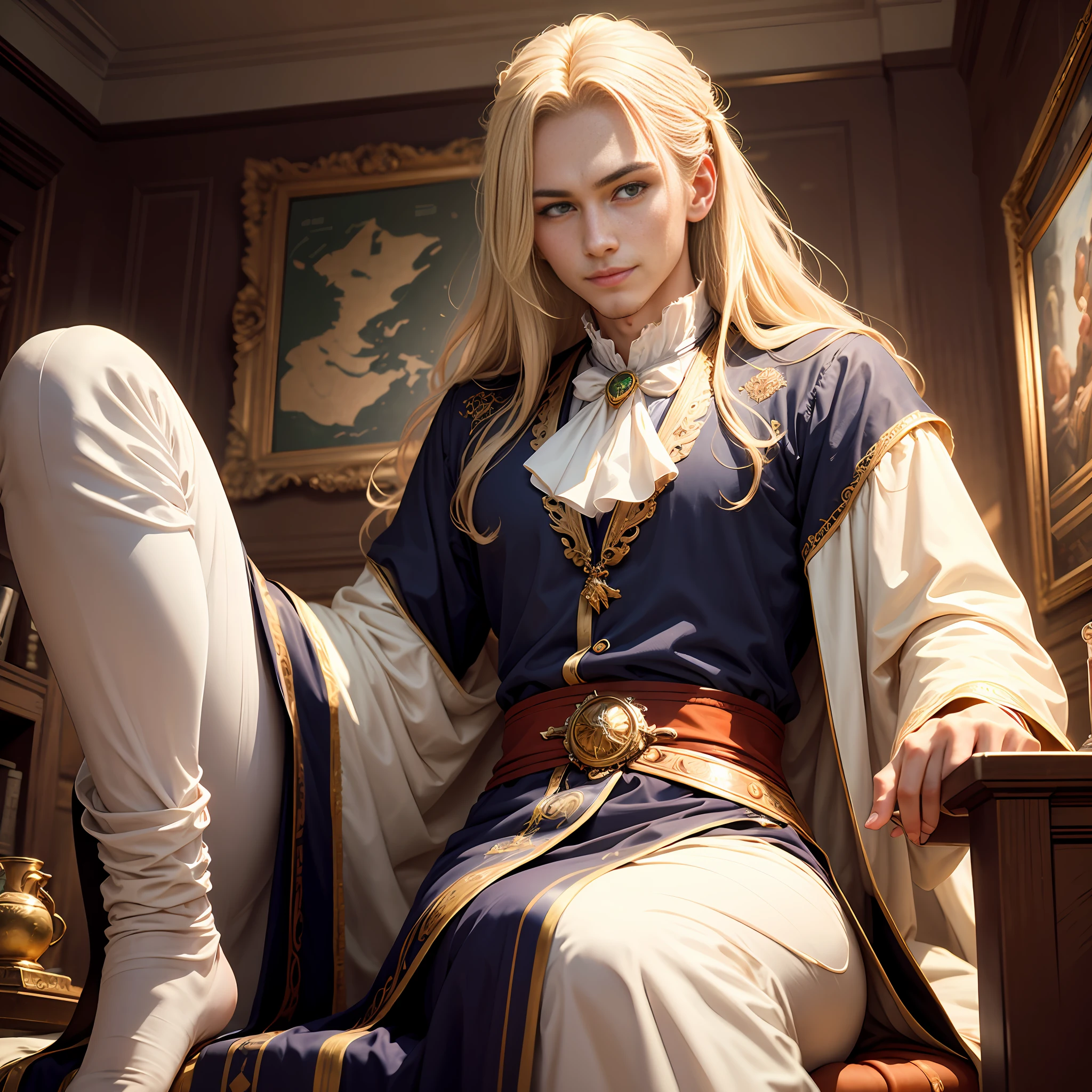 Best quality at best,tmasterpiece,male people,Western Face,White skin,Long blonde hair that reaches her ankles,Green eyes,Baroque costumes,Sitting in a classical study,A scheming smile,There is a map hanging behind him --auto