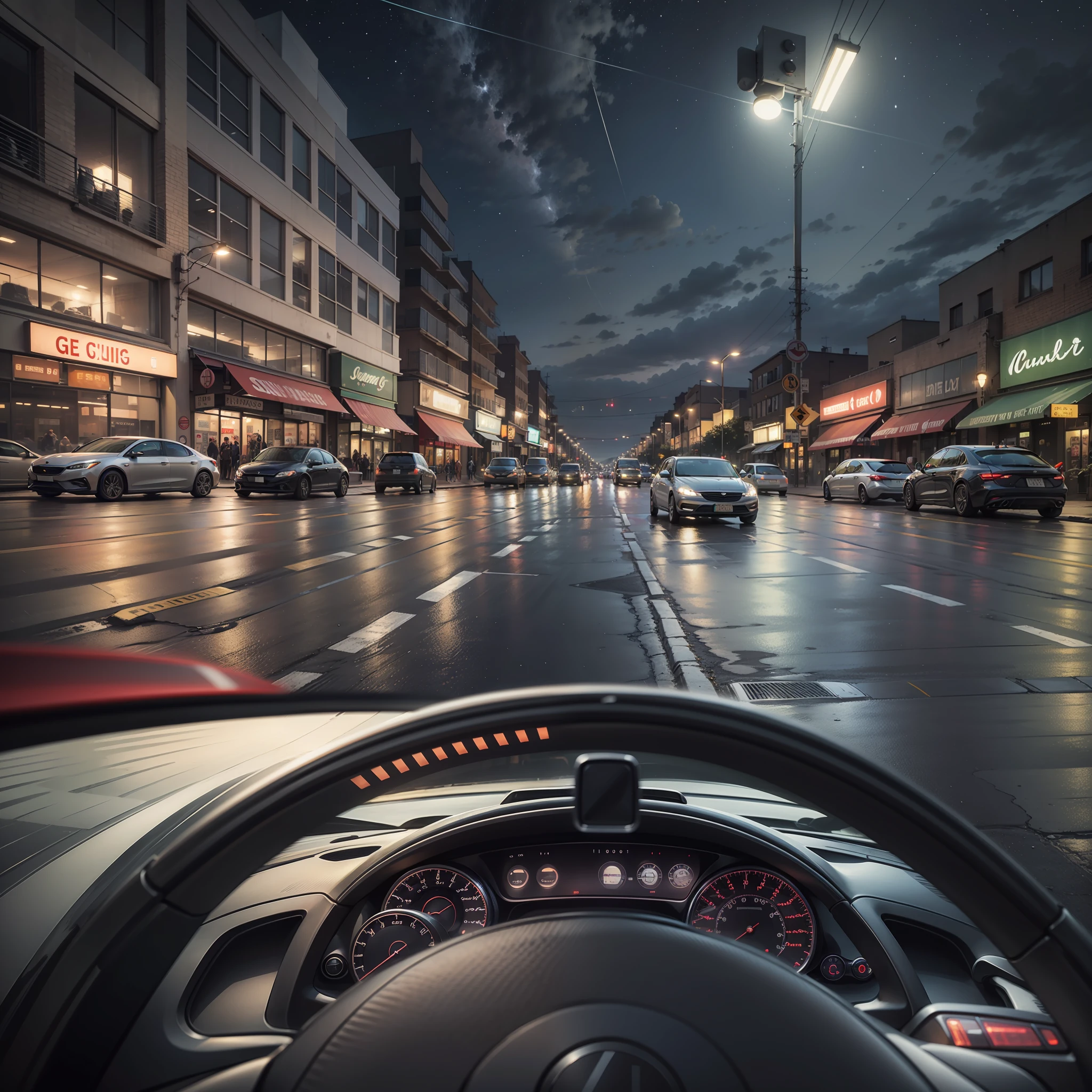 guido，First perspective，Sit in the driver's seat and look out，Traffic，Congested roads，nighttime scene，the street lights，the detail，Master masterpieces