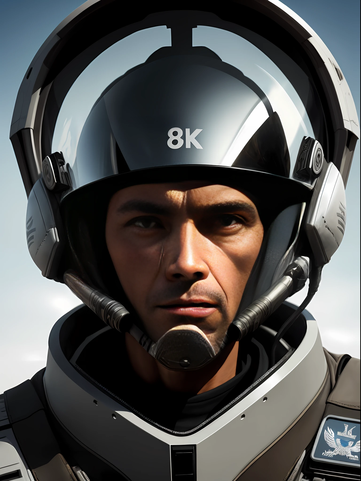 8k head portrait of a futuristic fighter pilot with his helmet on Visor and air intake attachment, intricate, highly detailed, digital photography, (masterpiece, sidelighting), hdr,