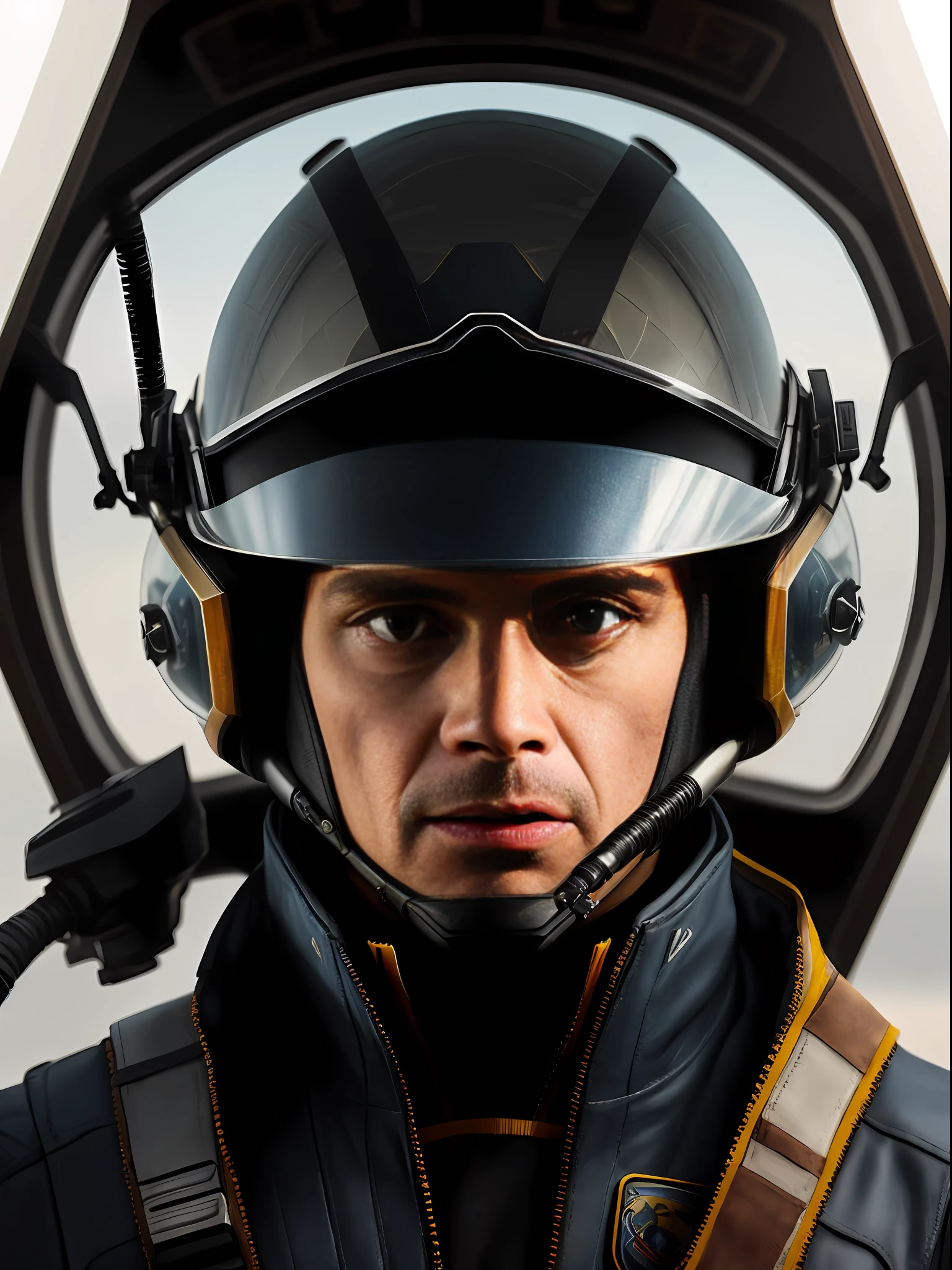 8k head portrait of a futuristic fighter pilot with his helmet on Visor and air intake attachment, intricate, highly detailed, digital photography, (masterpiece, sidelighting), hdr,