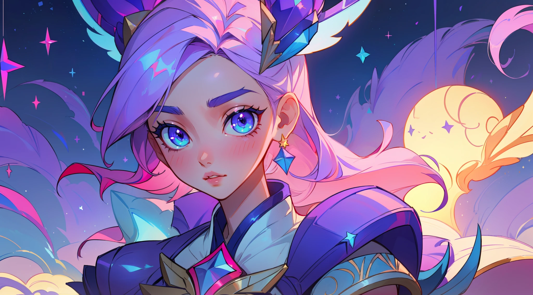 (masterpiece, best quality), intricate details, 8k, artstation, sharp focus, 1girl, star guardian, league of legends, (pink, purple, blue color theme)
