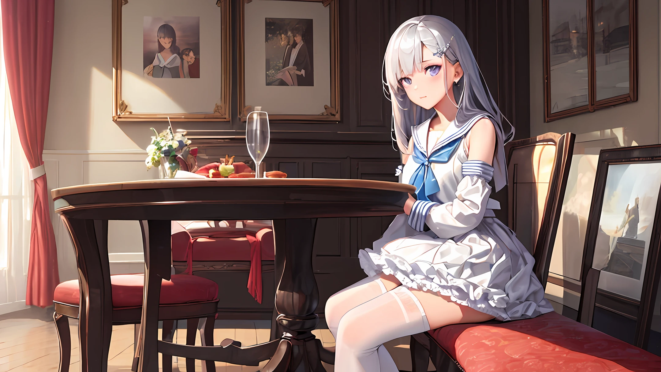Best quality at best, tmasterpiece, realisticlying, 超高分辨率, Complicated details, 1girll, a sailor suit, beautiful face, Light silver hair, hair adornments, frilled sleeves, skirt with frills, White panty hose, platform footwear, in the dining room, squatt