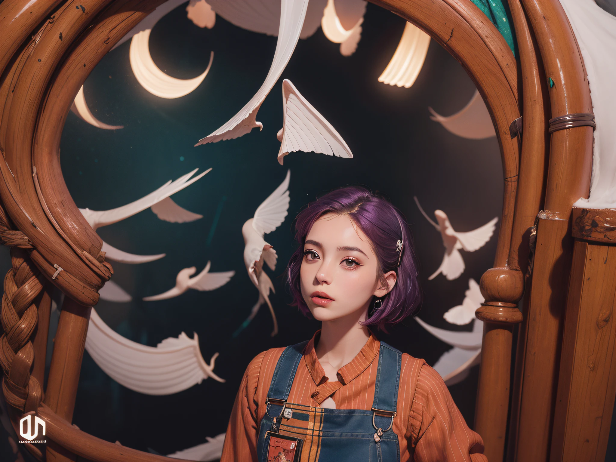 concept art, overhead angle of a Will-o'-the-wisp, wearing Funny Somali Emerald deep orange Pinafore, Caramel hair styled as Short hair, fluorescent purple Hair tie, equirectangular 360, Highres,  [(art by Willi Baumeister:1.1), (art by John T. Biggers:1.2)::17], official art, unity 8k wallpaper, ultra detailed, aesthetic, masterpiece, best quality, photorealistic