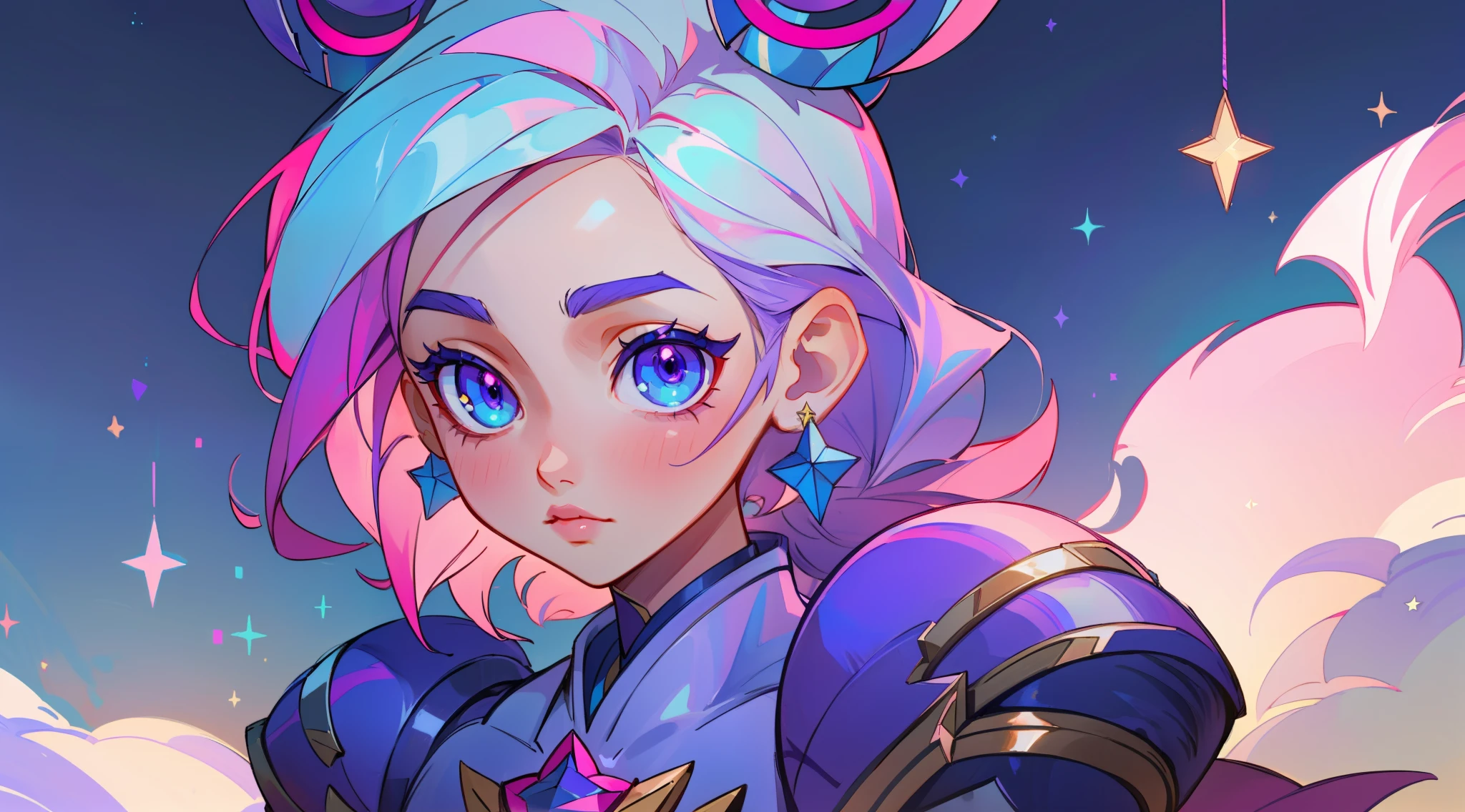 (masterpiece, best quality), intricate details, 8k, artstation, sharp focus, 1girl, star guardian, league of legends, (pink, purple, blue color theme)